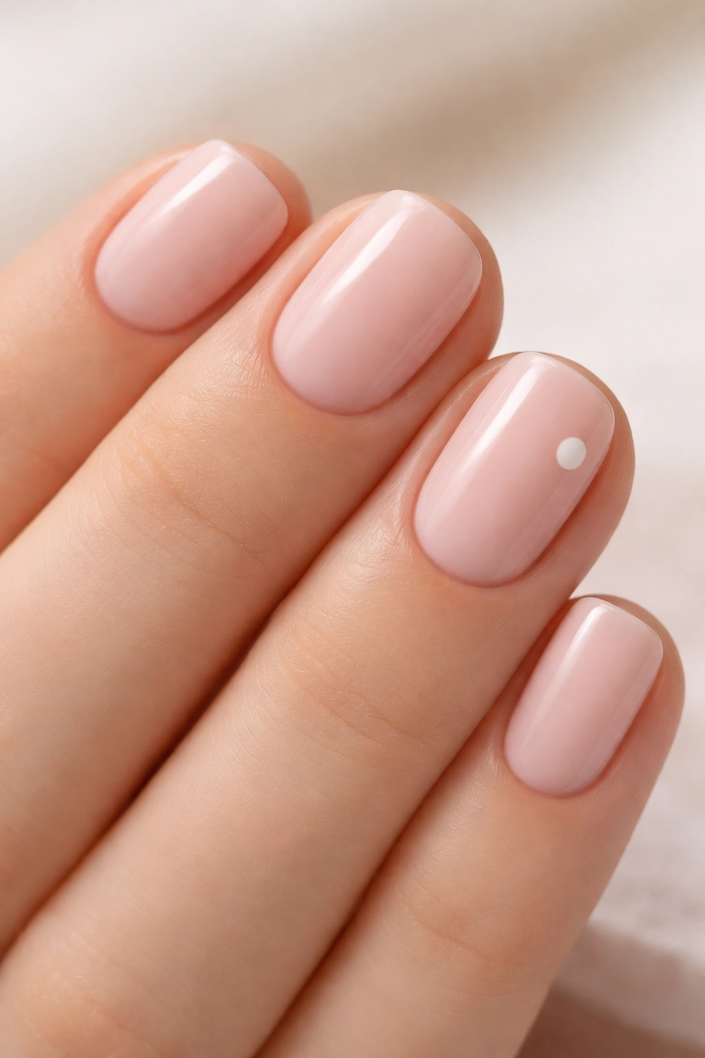 Close-up of ballet pink nails with a white dot accent on the accent nail