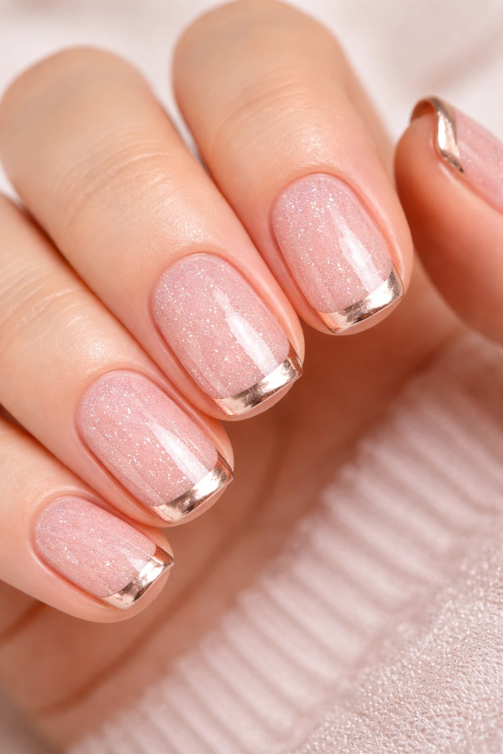 Close-up of ballet pink builder gel nails with micro glitter and metallic tips on short squoval nails