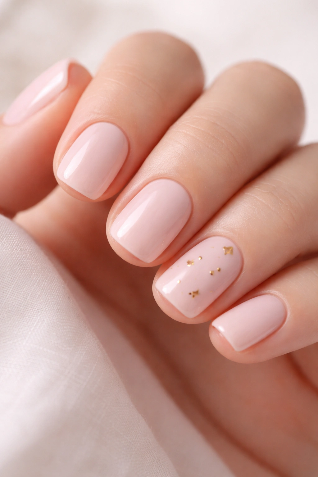 Close-up of ballet pink nails with small gold geometric shapes on the accent nail