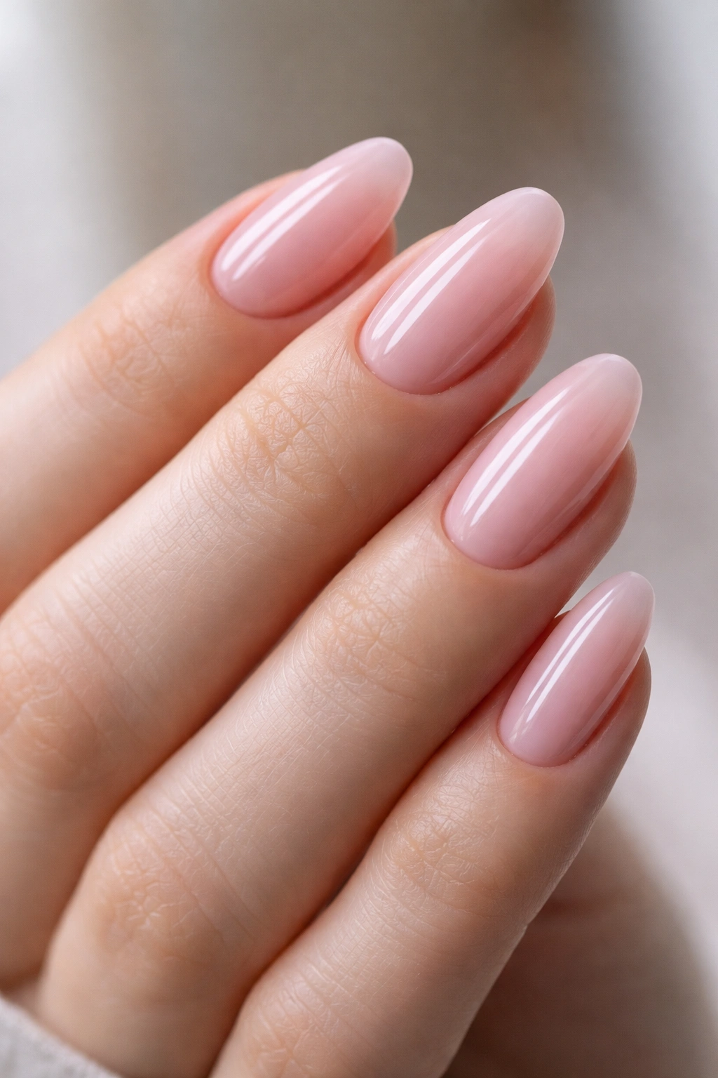 Close-up of ballet pink nails with glassy shine on short almond nails
