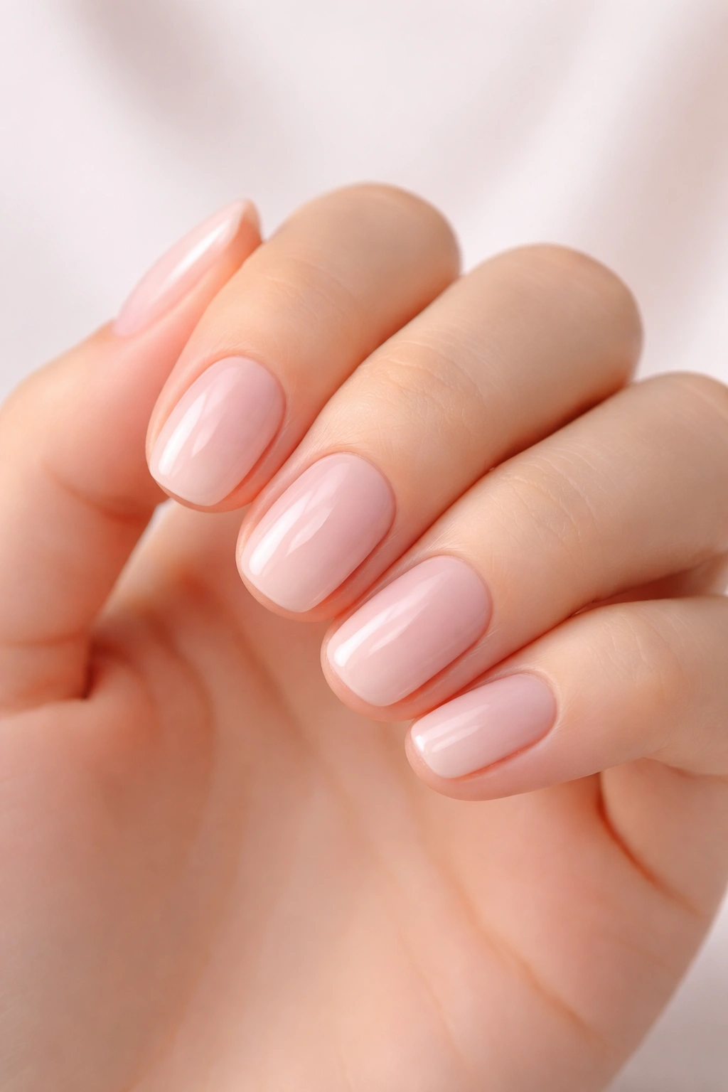 Hand with sheer ballet pink nails that appear delicate and elongated
