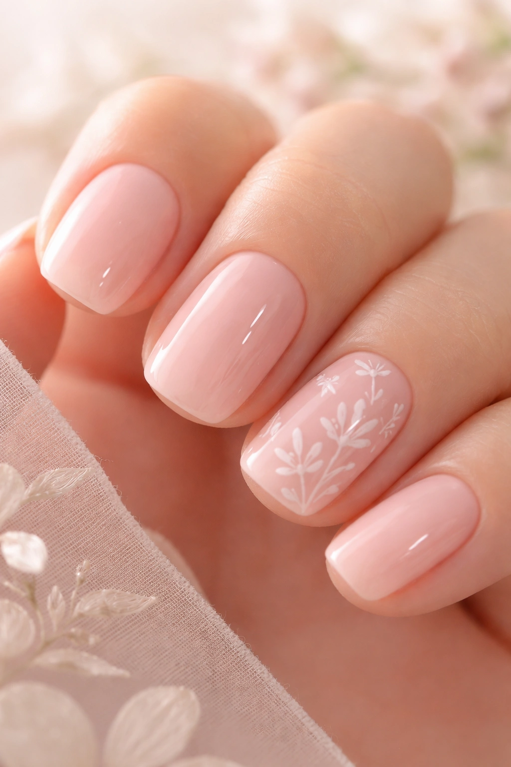 Ballet pink nails with delicate white floral line art on short squoval nails