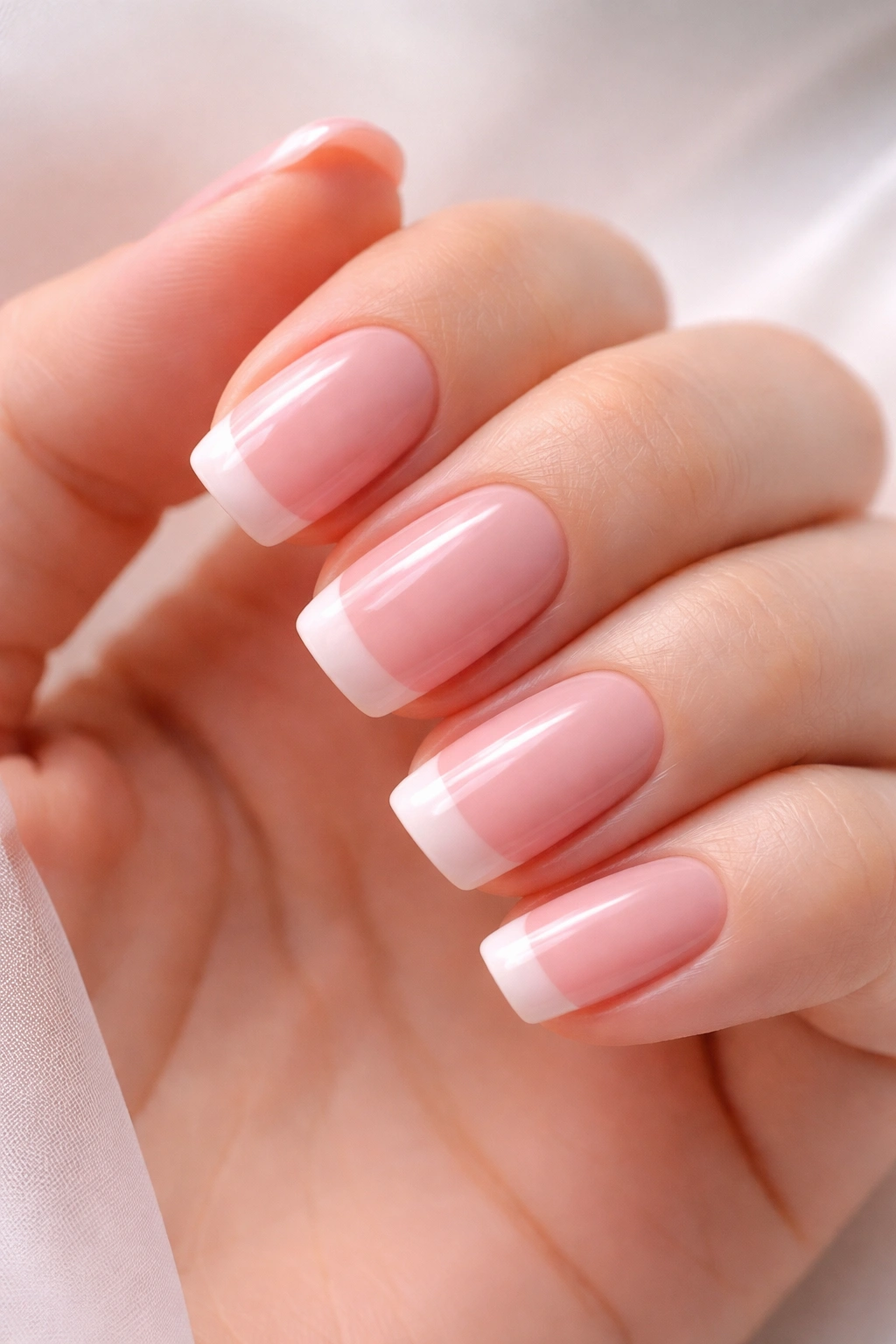 Close-up of nude base nails with ballet pink tips on squoval nails