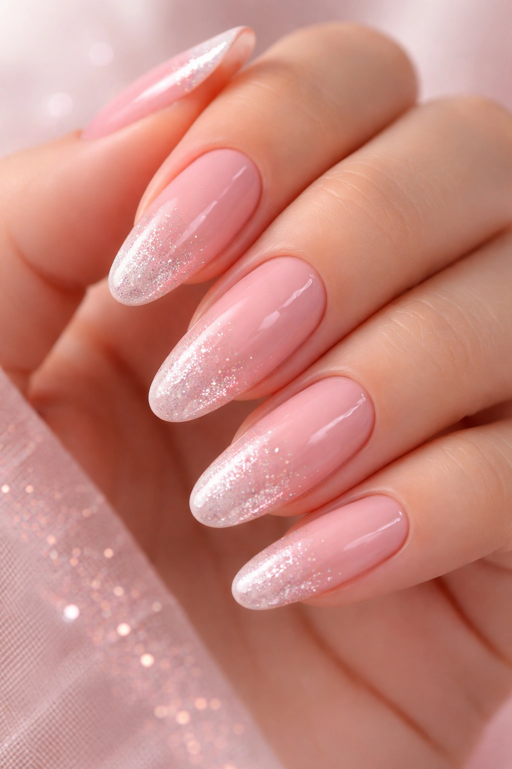 Close-up of ballet pink ombre nails with subtle glitter fade at tips