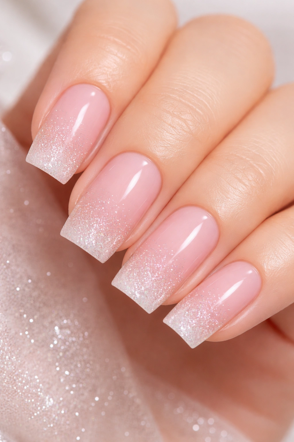 Close-up of nails with ballet pink base fading into glitter toward the tips.