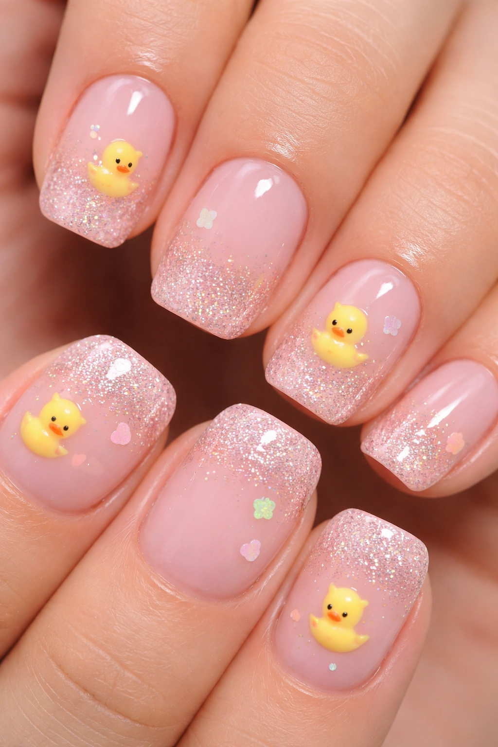 Close-up of short ballet pink nails with glitter ombre and duck accents