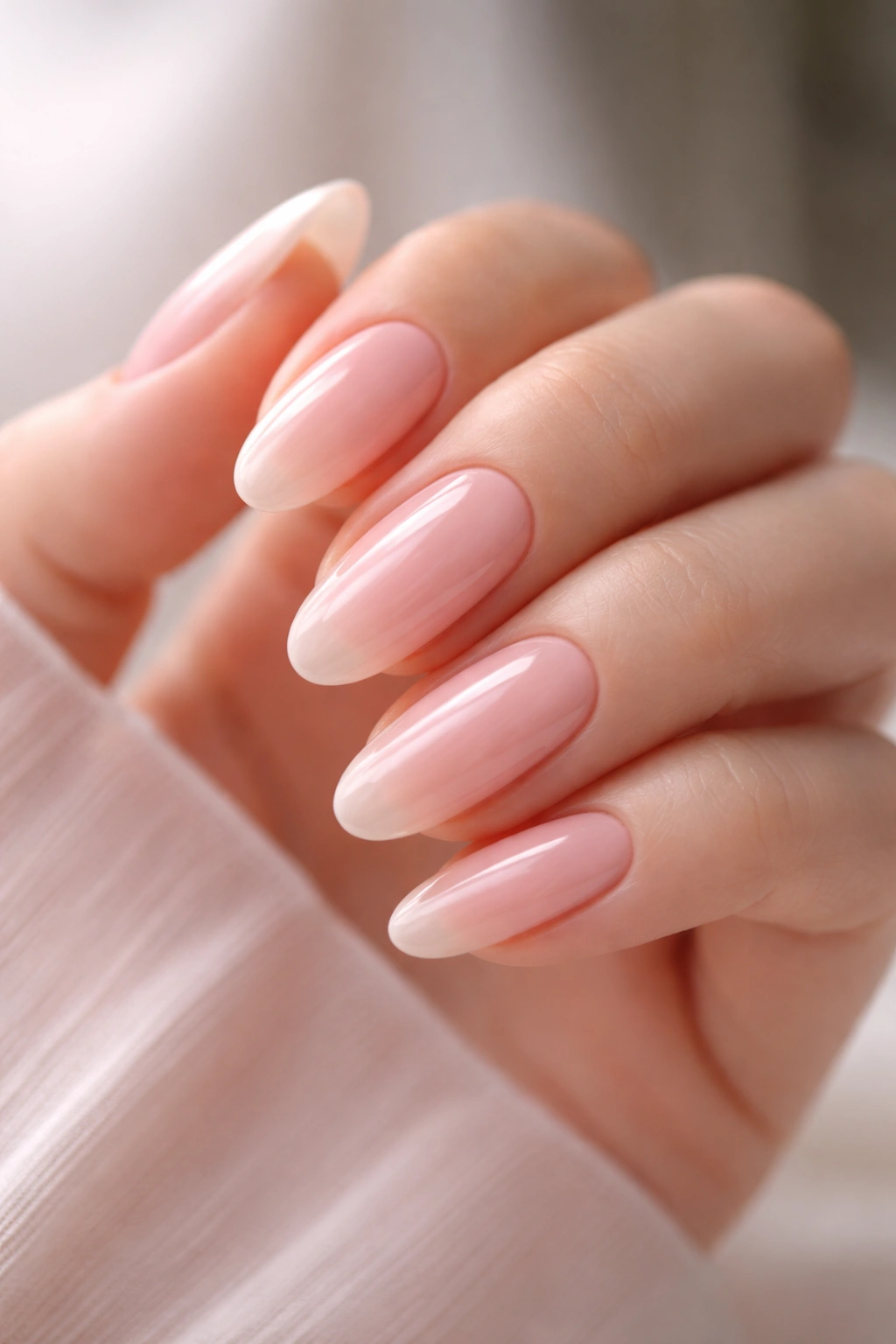 Long oval nails in sheer ballet-pink with a high-gloss finish.