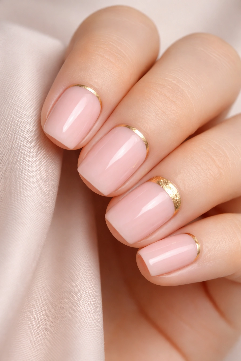 Close-up of short squoval nails in soft ballet pink with gold accents along the cuticle