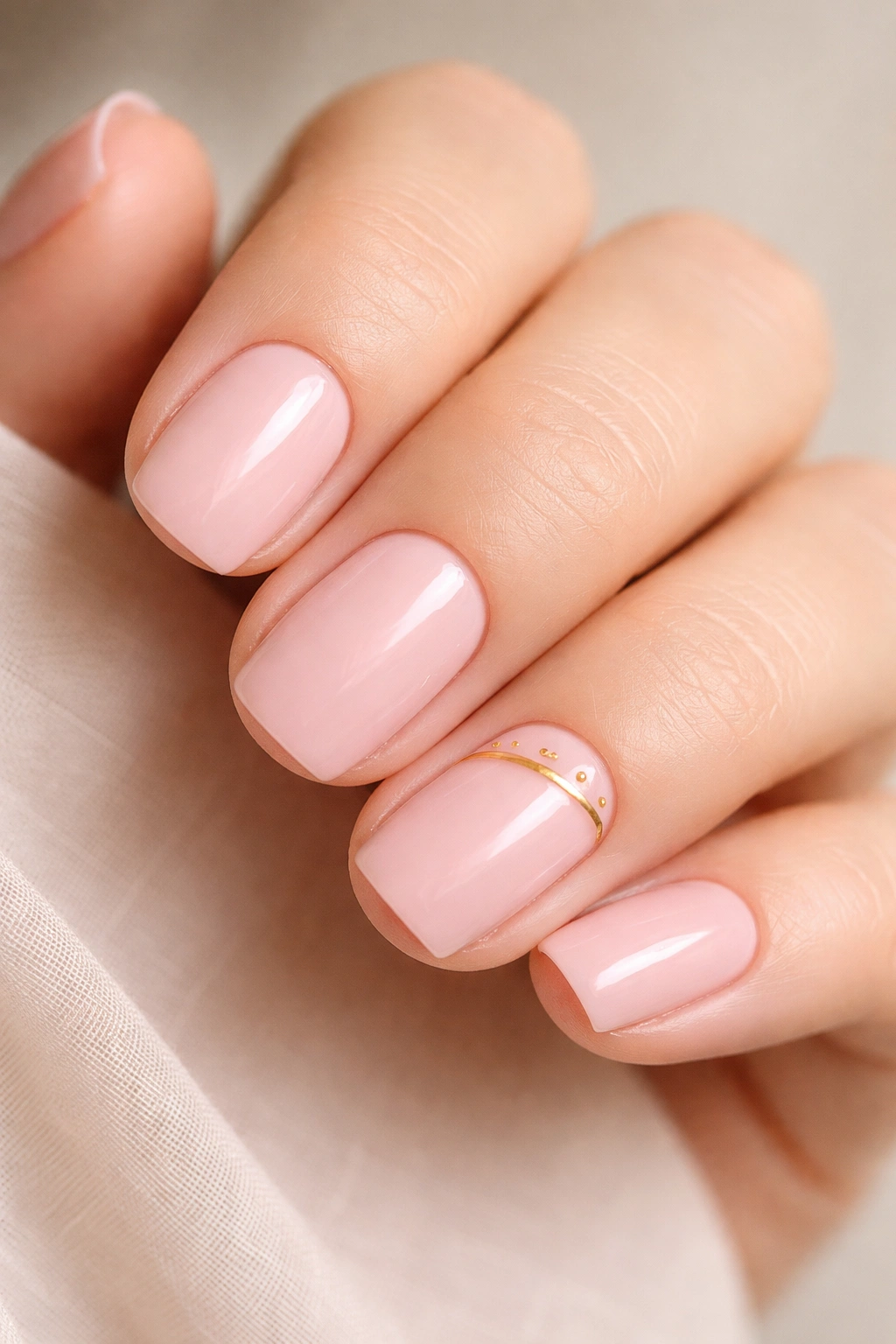 Close-up of ballet pink nails with gold detailing on one accent nail.