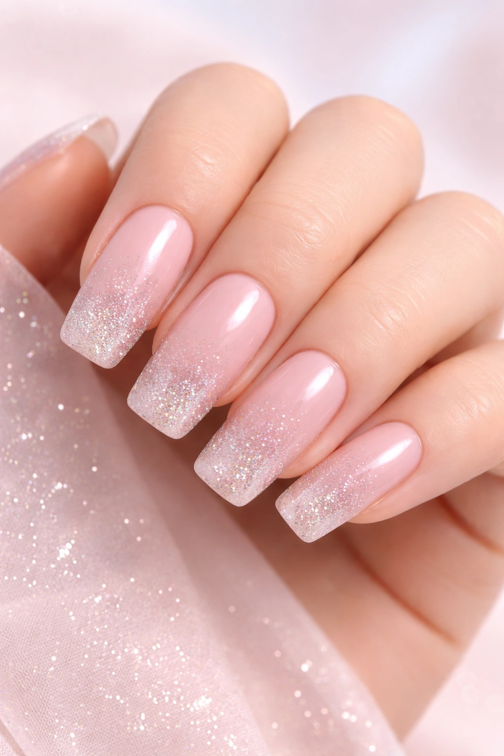 Close-up nails with ballet slipper pink gradient fading into glitter at tips
