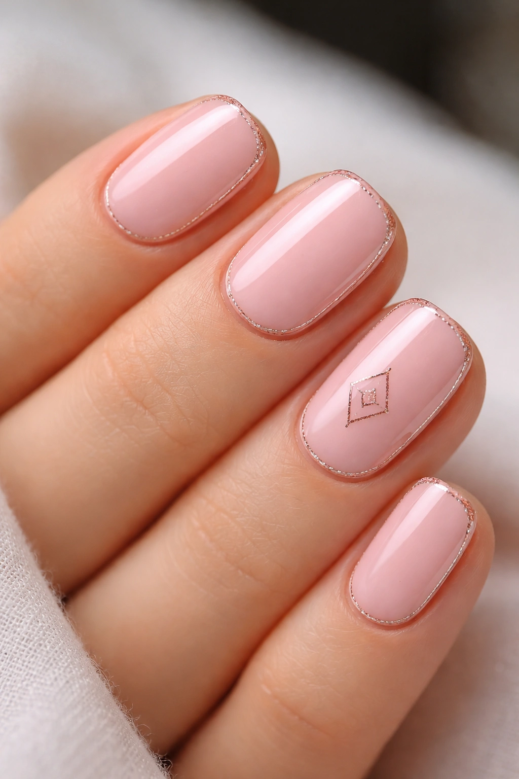 Close-up of ballet pink nails with a tiny outline along the edge