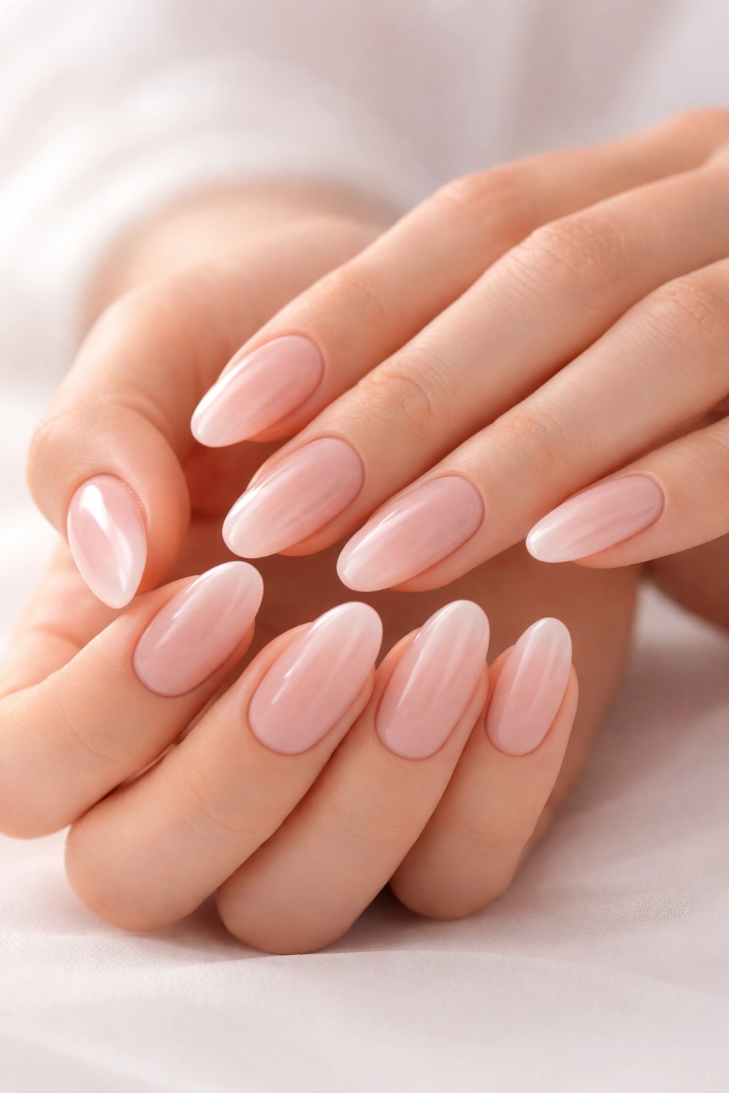 Ballet pink oval nails with soft glow on hands