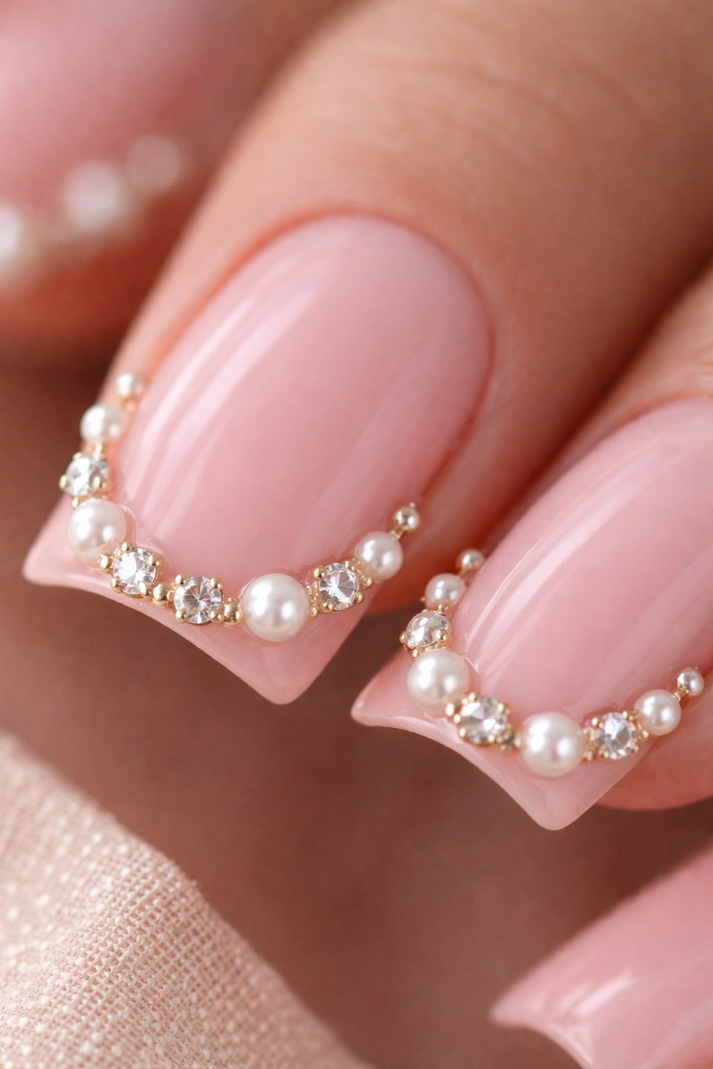 Close-up of a ballet pink nail with pearl and diamond charms