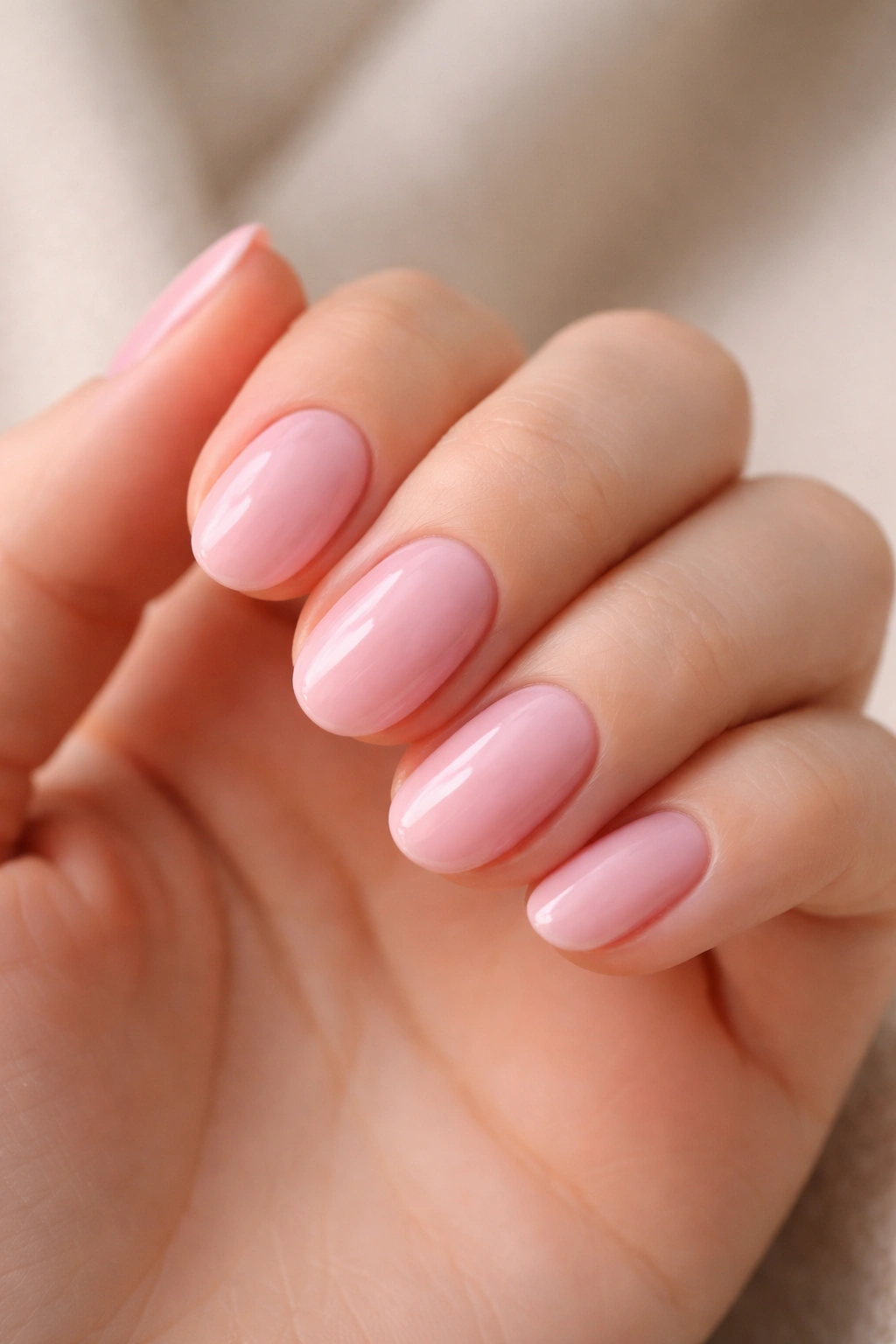 Close-up of glossy ballet pink short oval builder gel nails on a hand