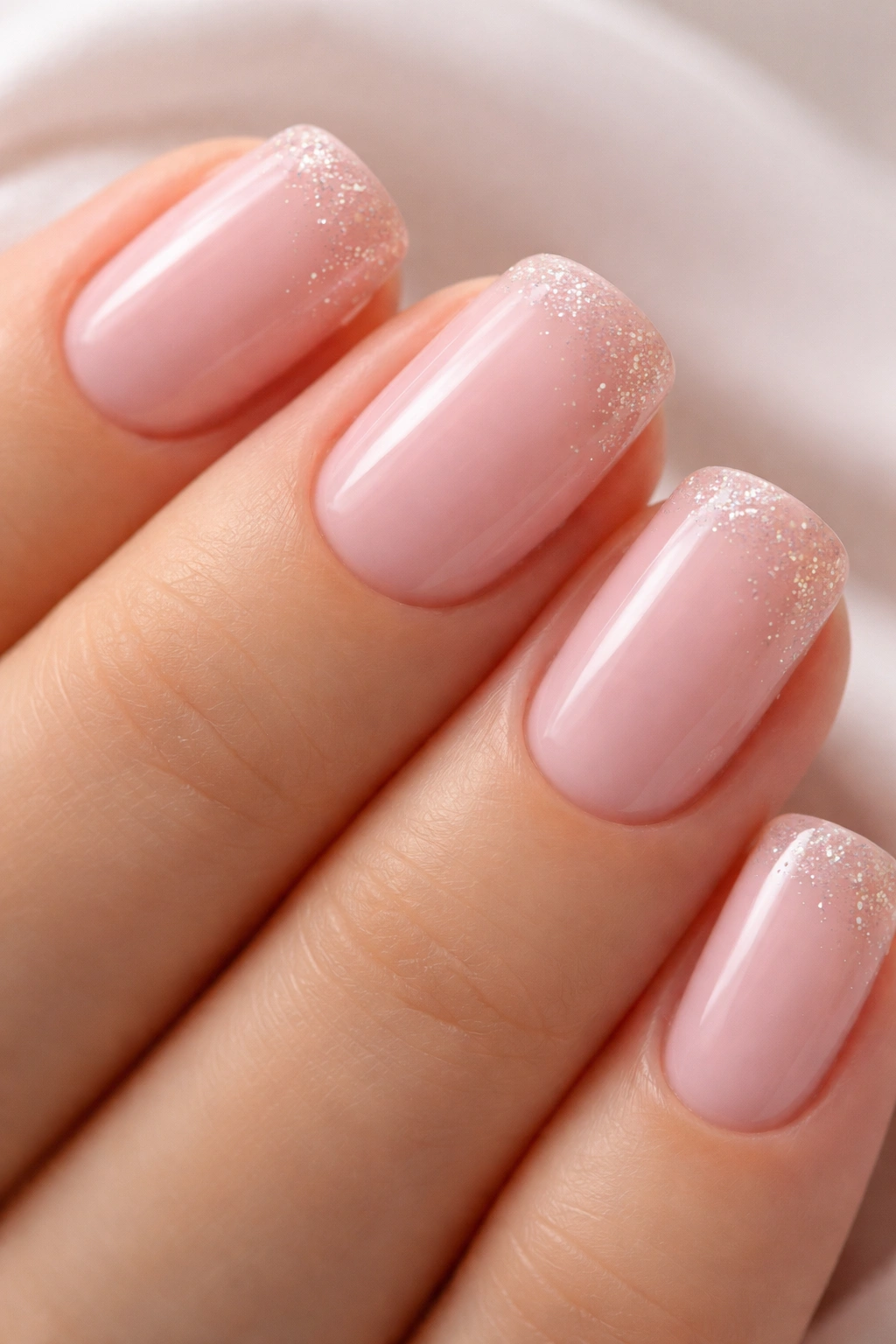 Close-up of ballet pink nails with subtle sparkle near the edge