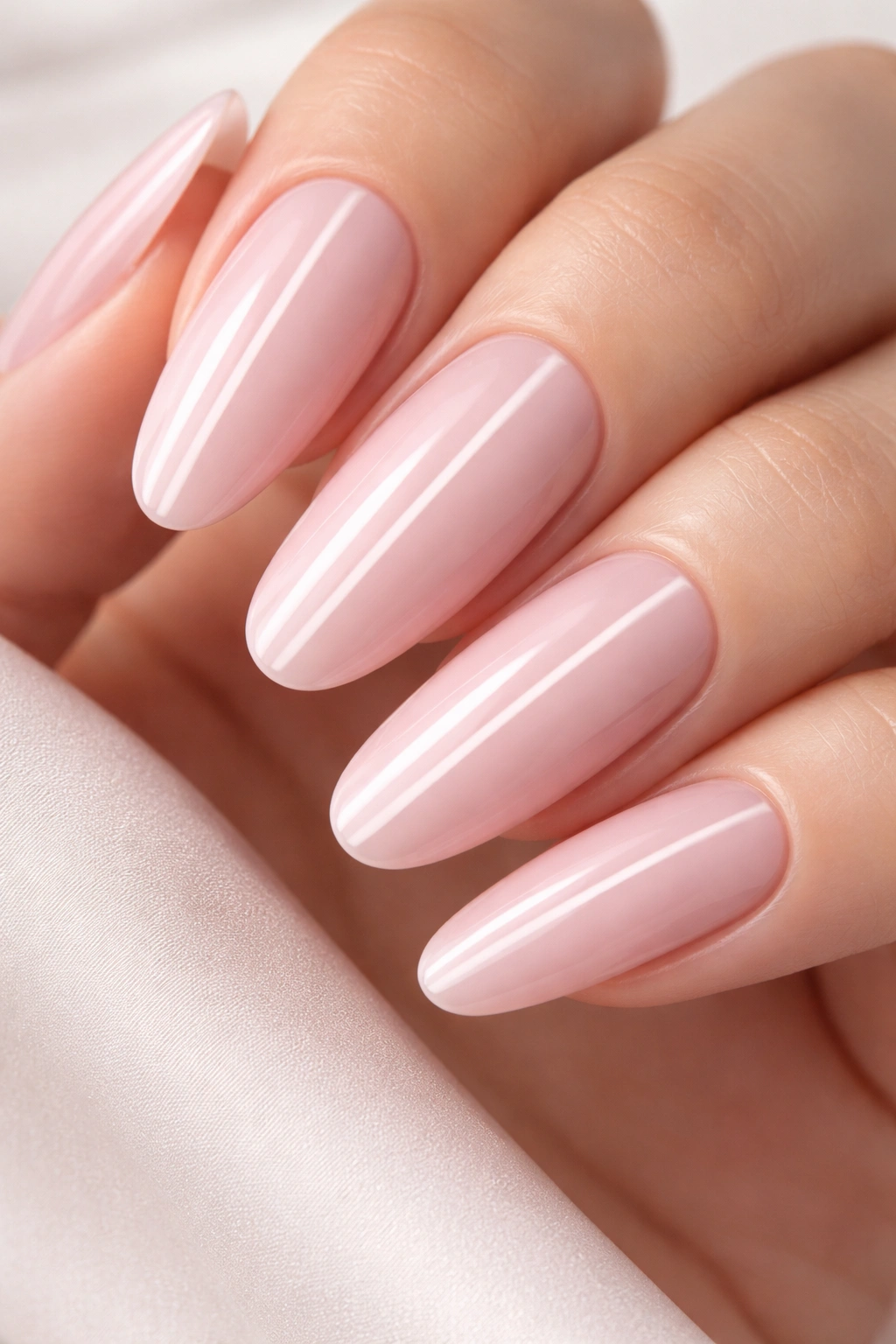 Close-up of long round nails in ballet pink with white stripes