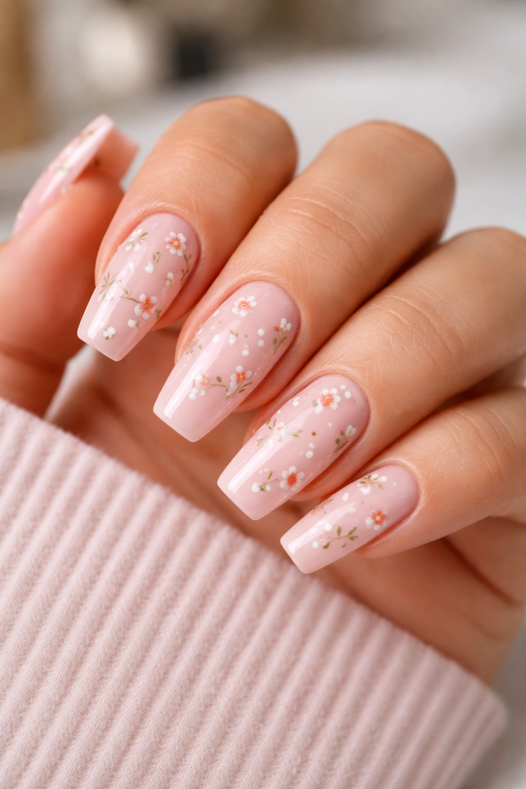 Close-up of ballet pink coffin nails with tiny hand-painted florals