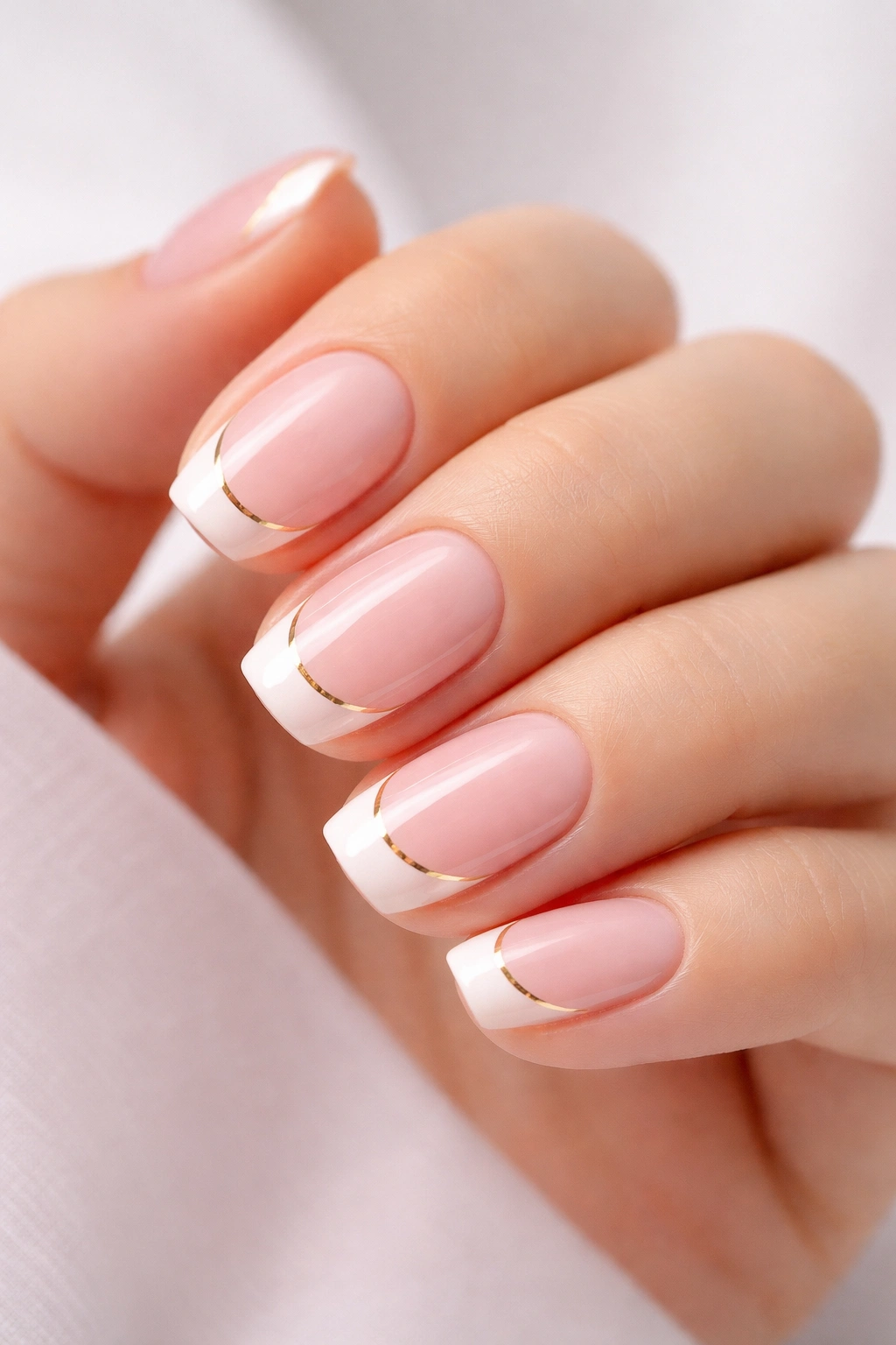 Short nails with ballet pink base and negative-space tips with a gold line beneath.