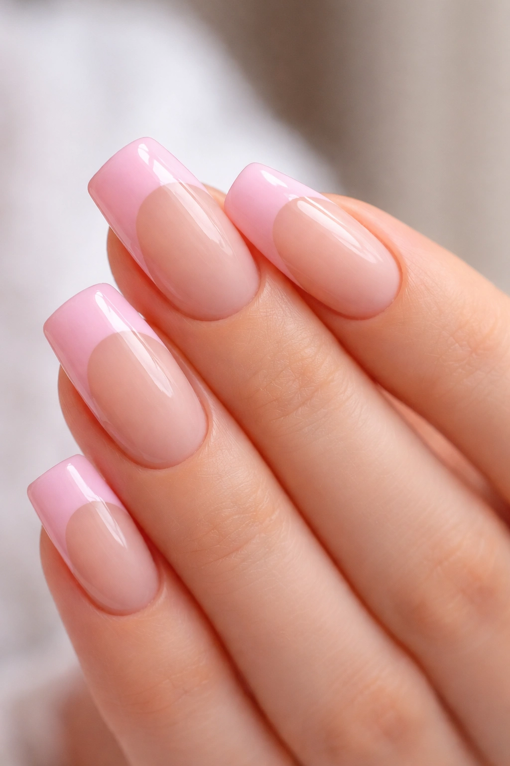 Ballet pink duck nails with nude base on short nails