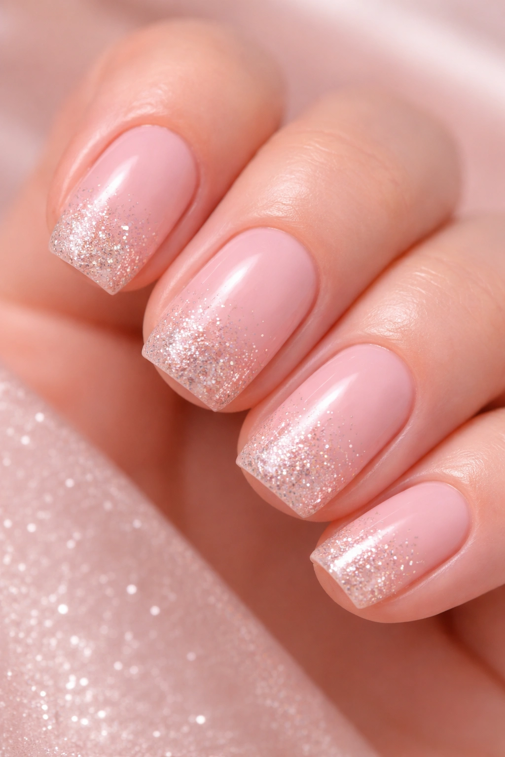 Close-up of ballet pink nails with a glitter gradient from base to tip