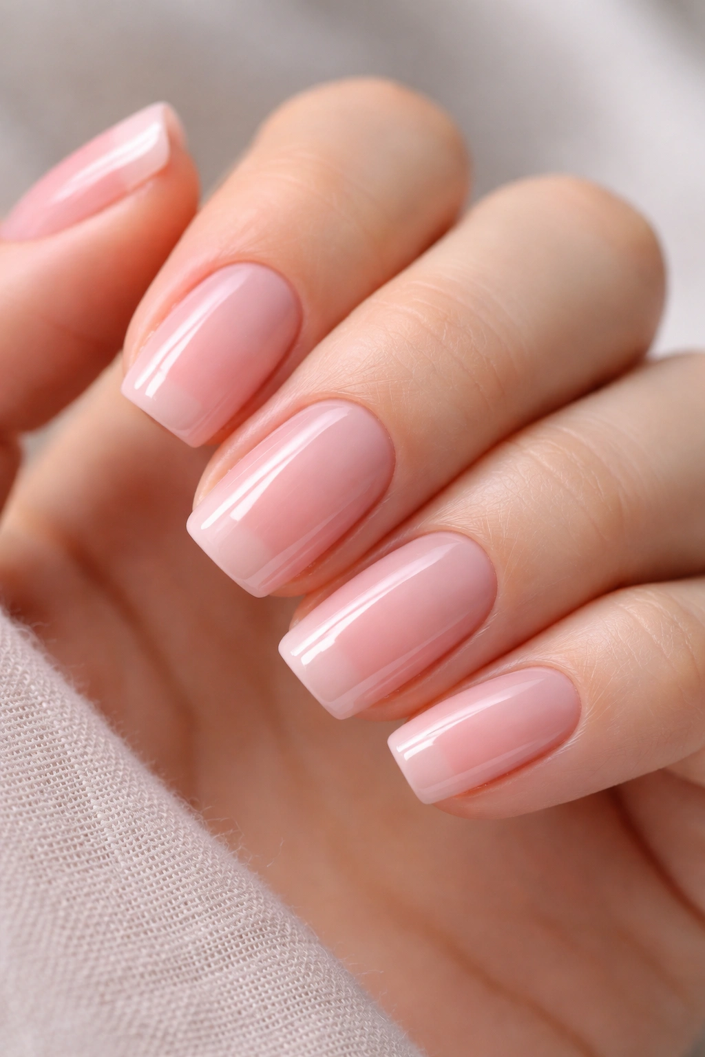 Close-up of short squoval nails with nude-to-pink ombre on ballet pink polish