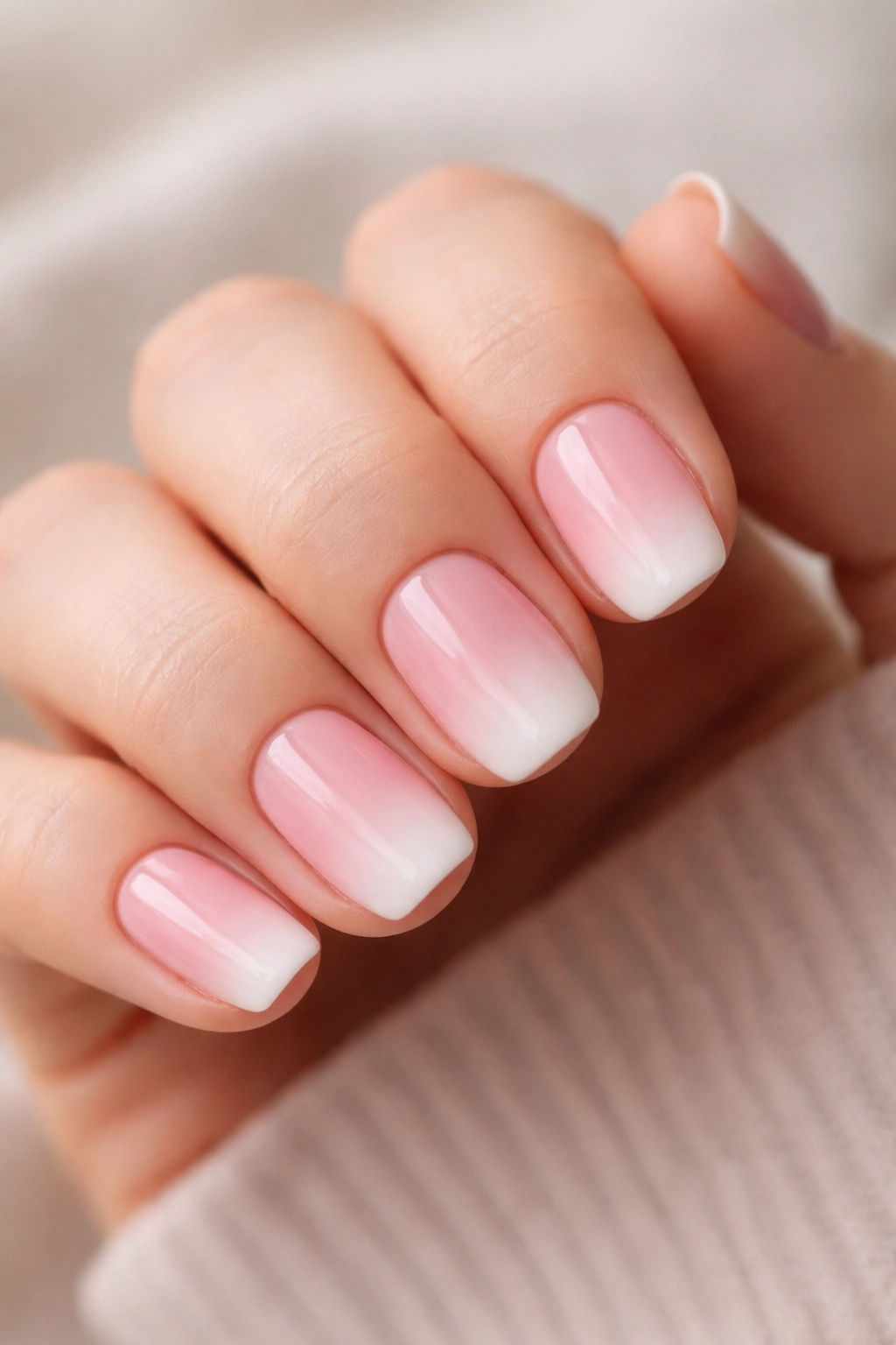 Close-up of short squoval nails with ballet pink to white ombré gradient
