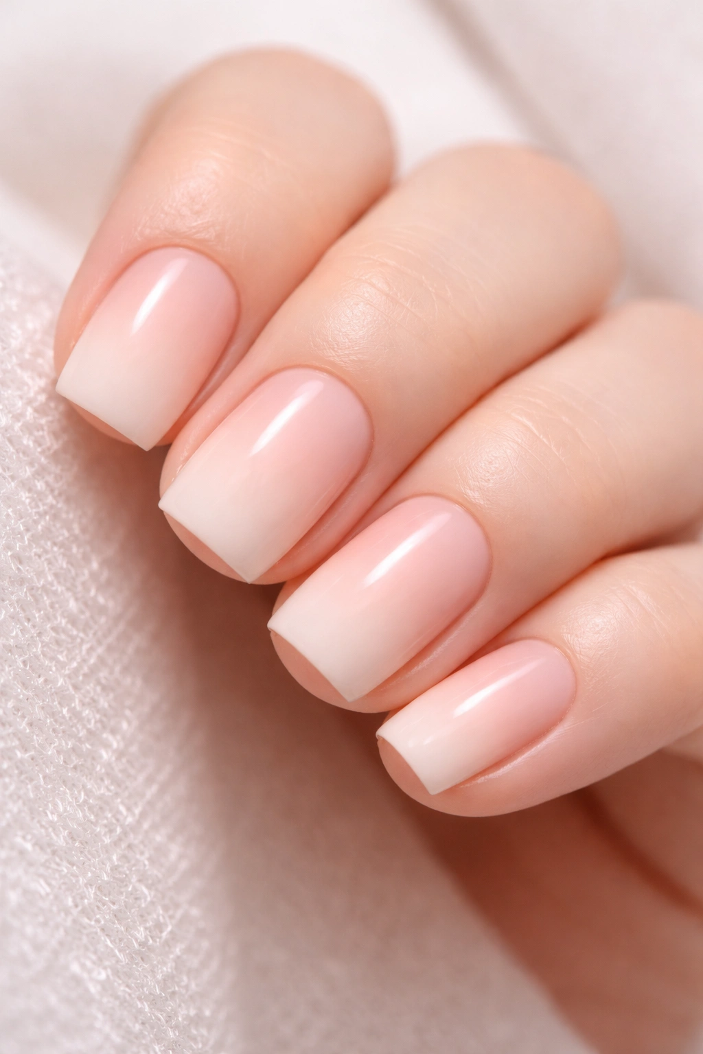 Close-up of short squoval nails with ballet pink to light ombre fade