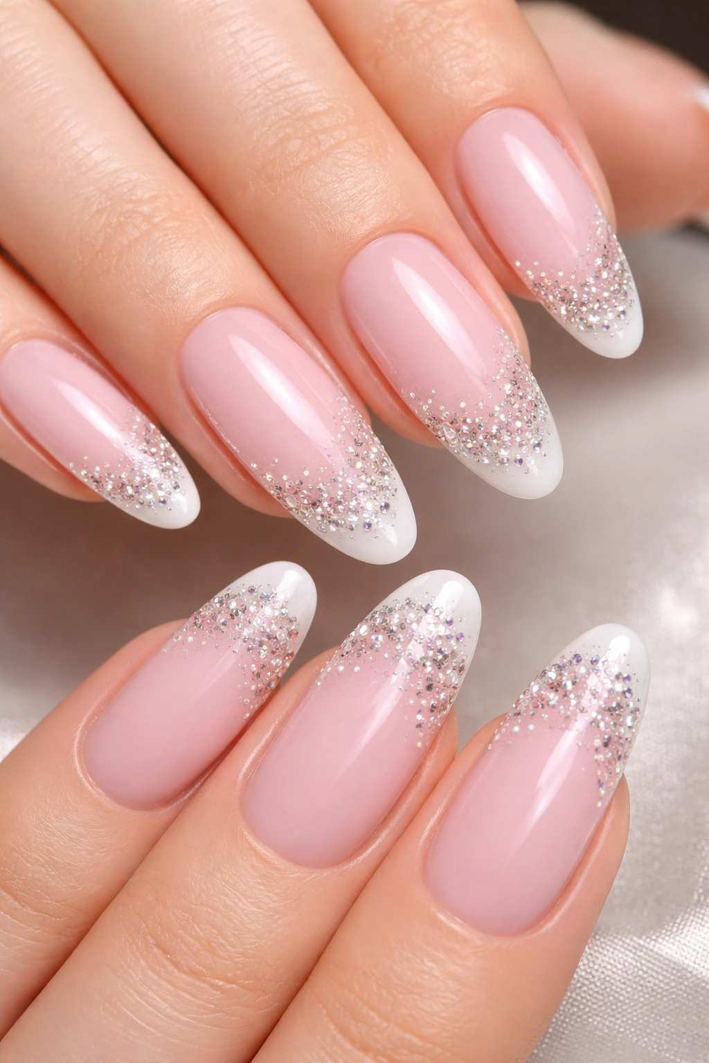 Ballet pink nails with rhinestone French tips