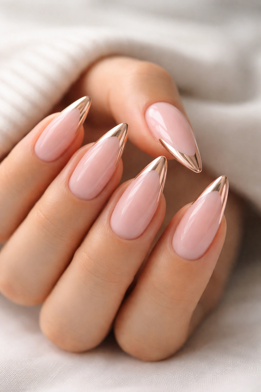 Close-up of ballet pink nails with rose gold French tips on medium-length nails