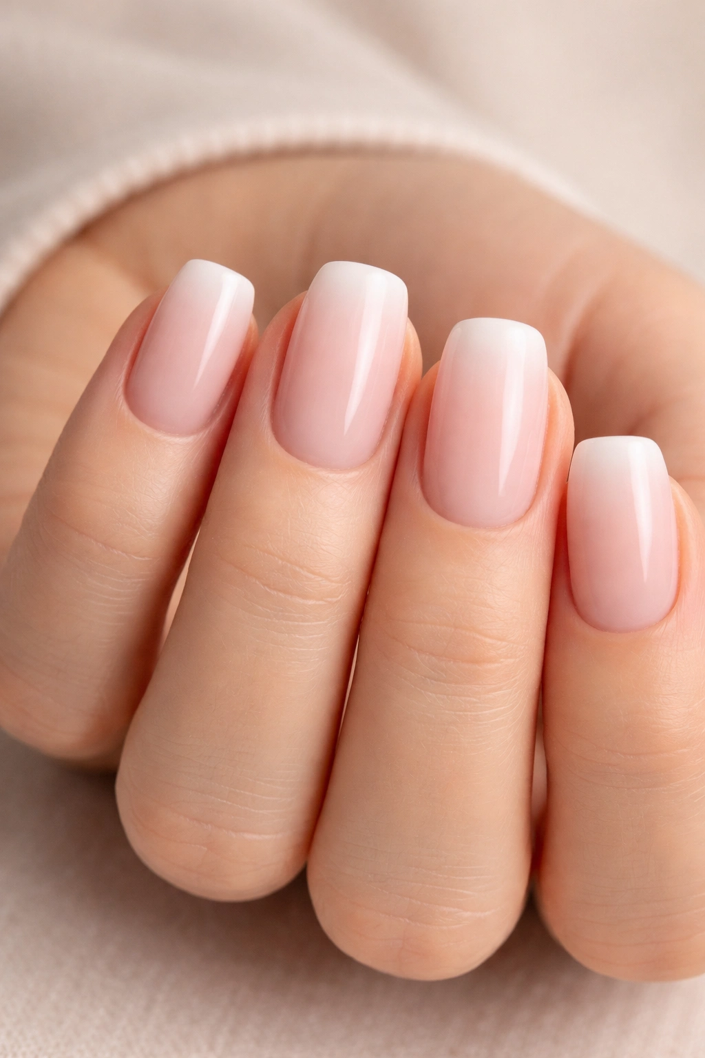 Ballet pink squoval nails with ombré French tip on a hand