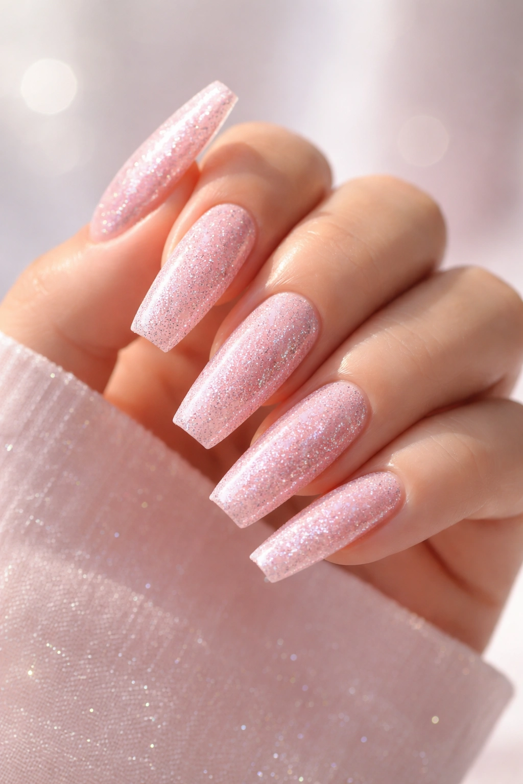 Long ballerina nails in ballet slipper pink with micro glitter