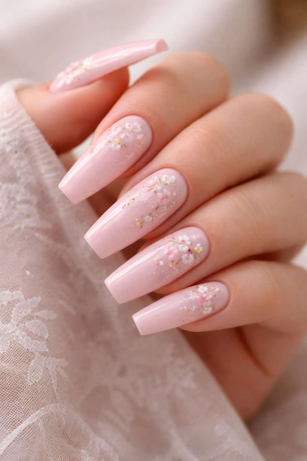 Close-up of ballet slipper pink coffin nails with hand-painted flowers on a bare hand