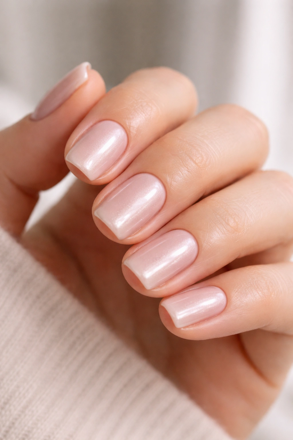 Short squoval nails in ballet slipper pink with pearl finish