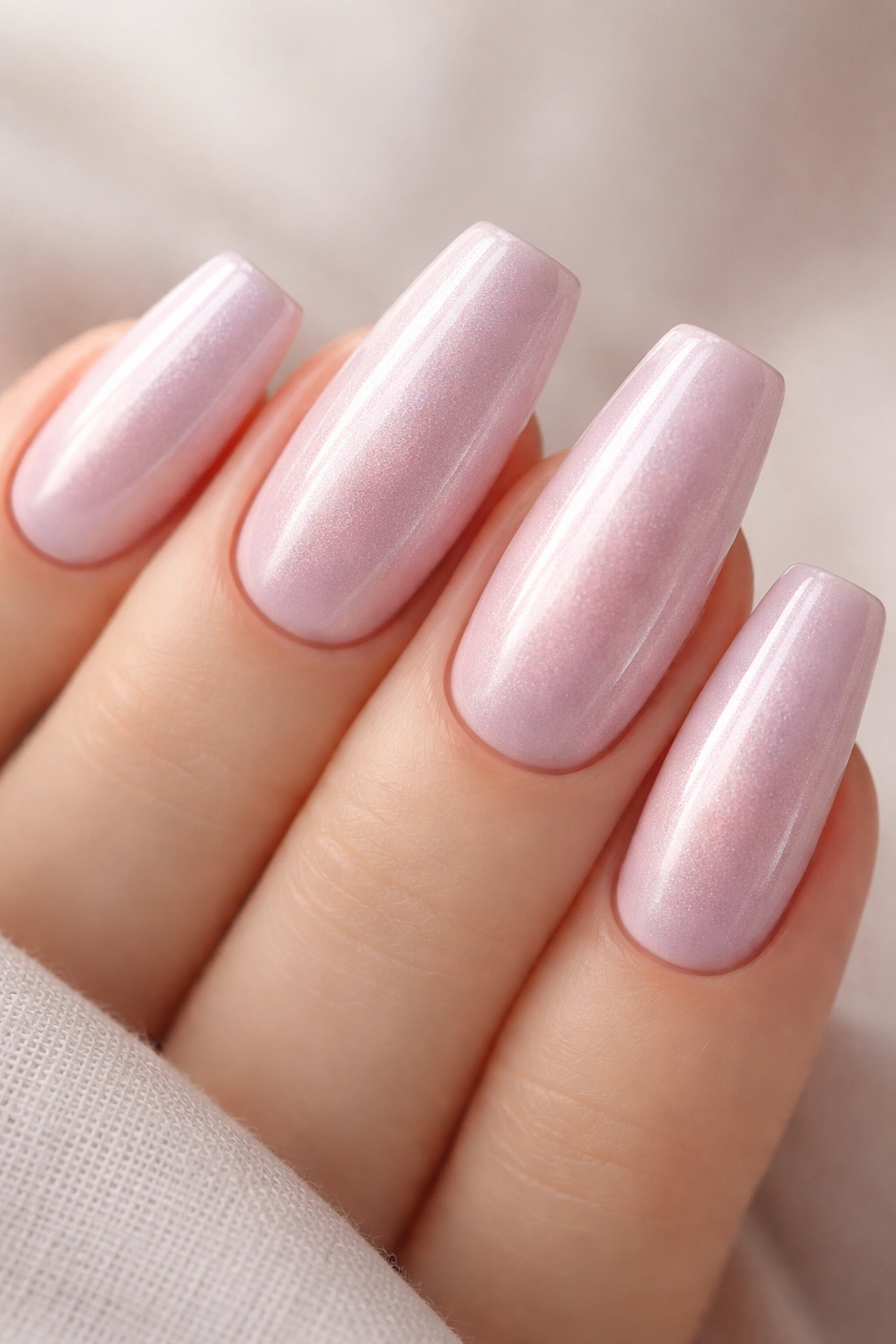 Ballet slipper pink nails with pearl chrome shimmer