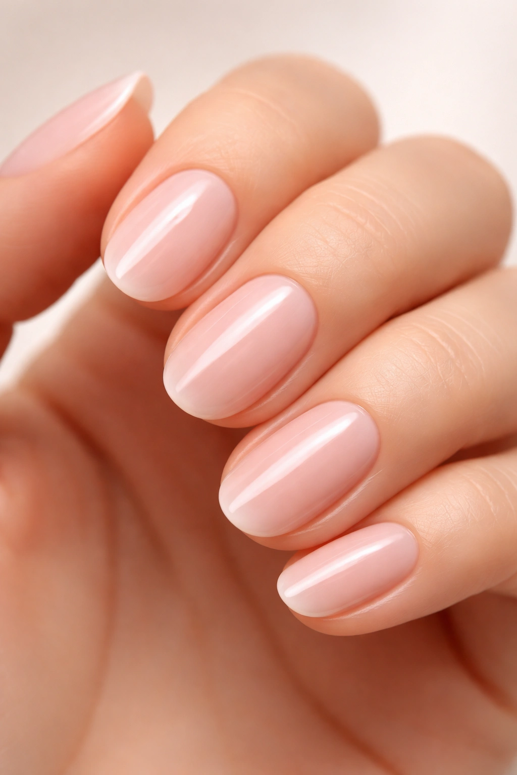 Close-up of nails painted Ballet Slippers pale pink with sheer finish on a bare hand