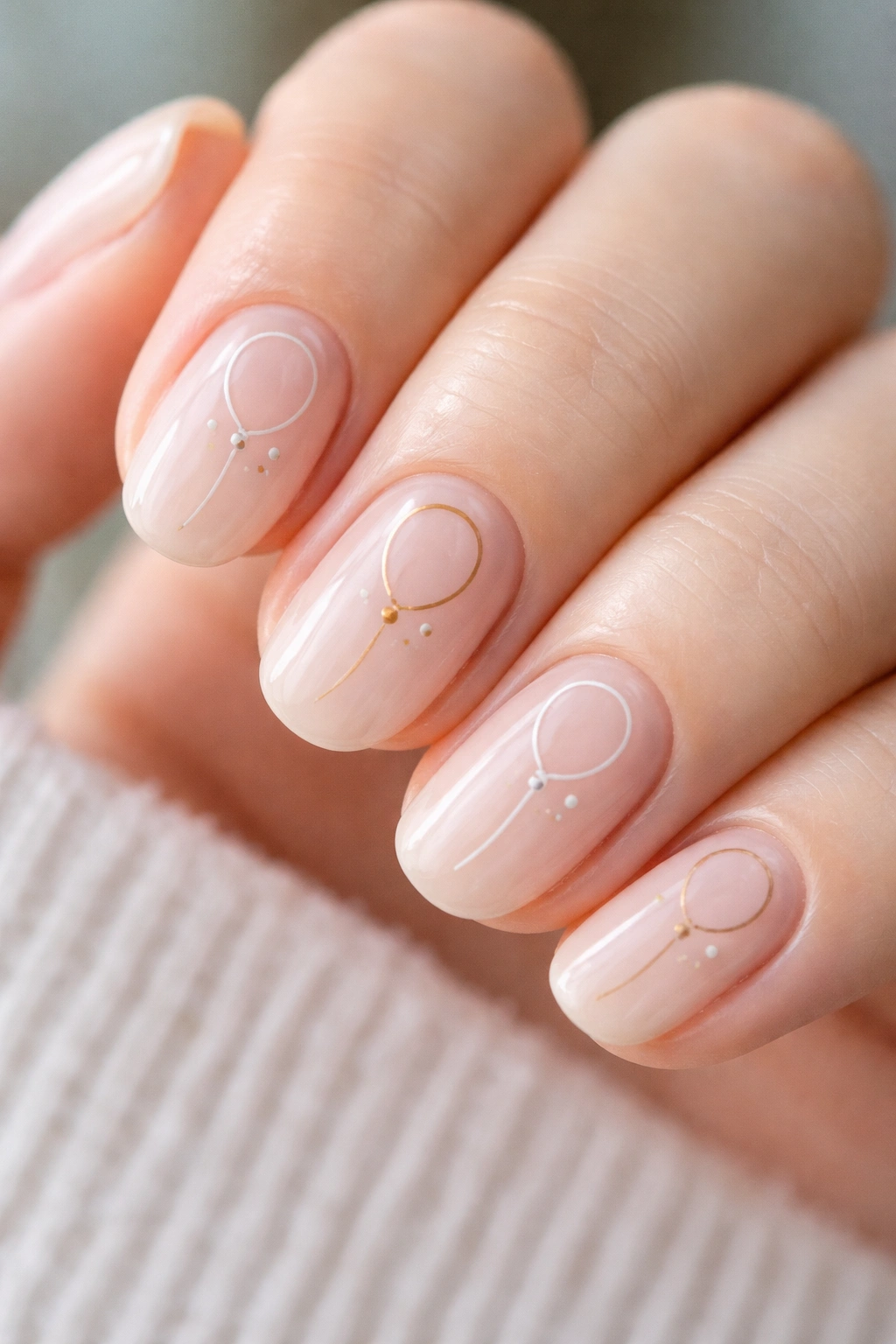 Close-up of short oval nails with balloon line art on a nude base