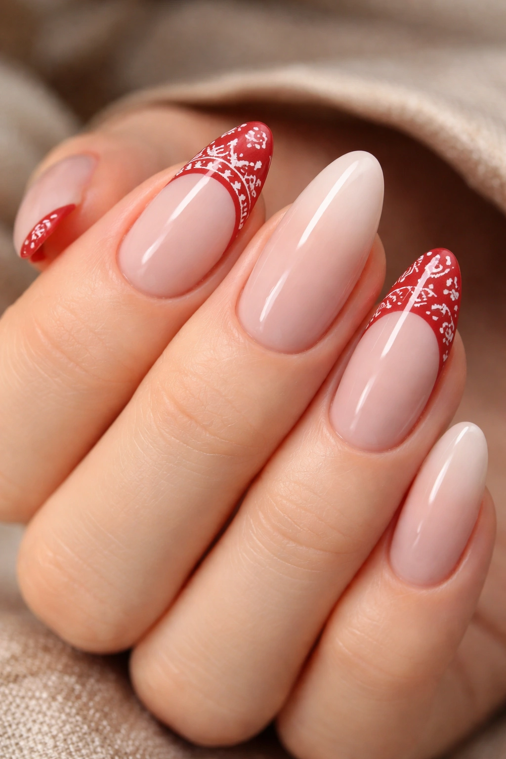 Close-up of nails with red and white bandana-tip design on the nails