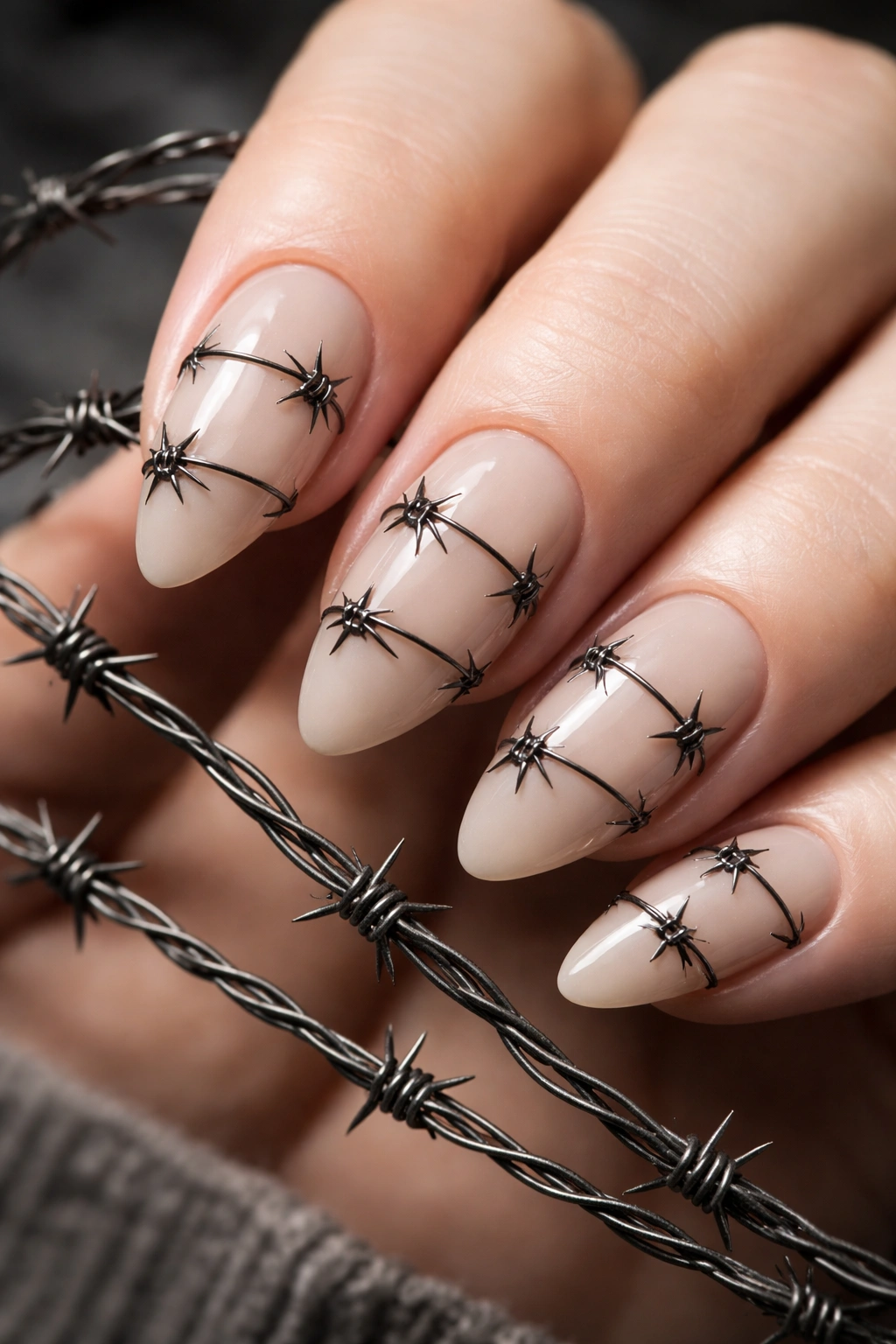 Nails with barbed wire pattern wrapped around