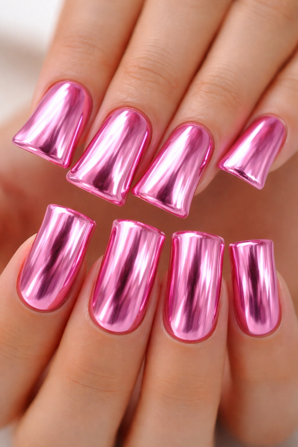 Close-up of Barbie pink duck nails with chrome mirror finish on a neutral studio backdrop