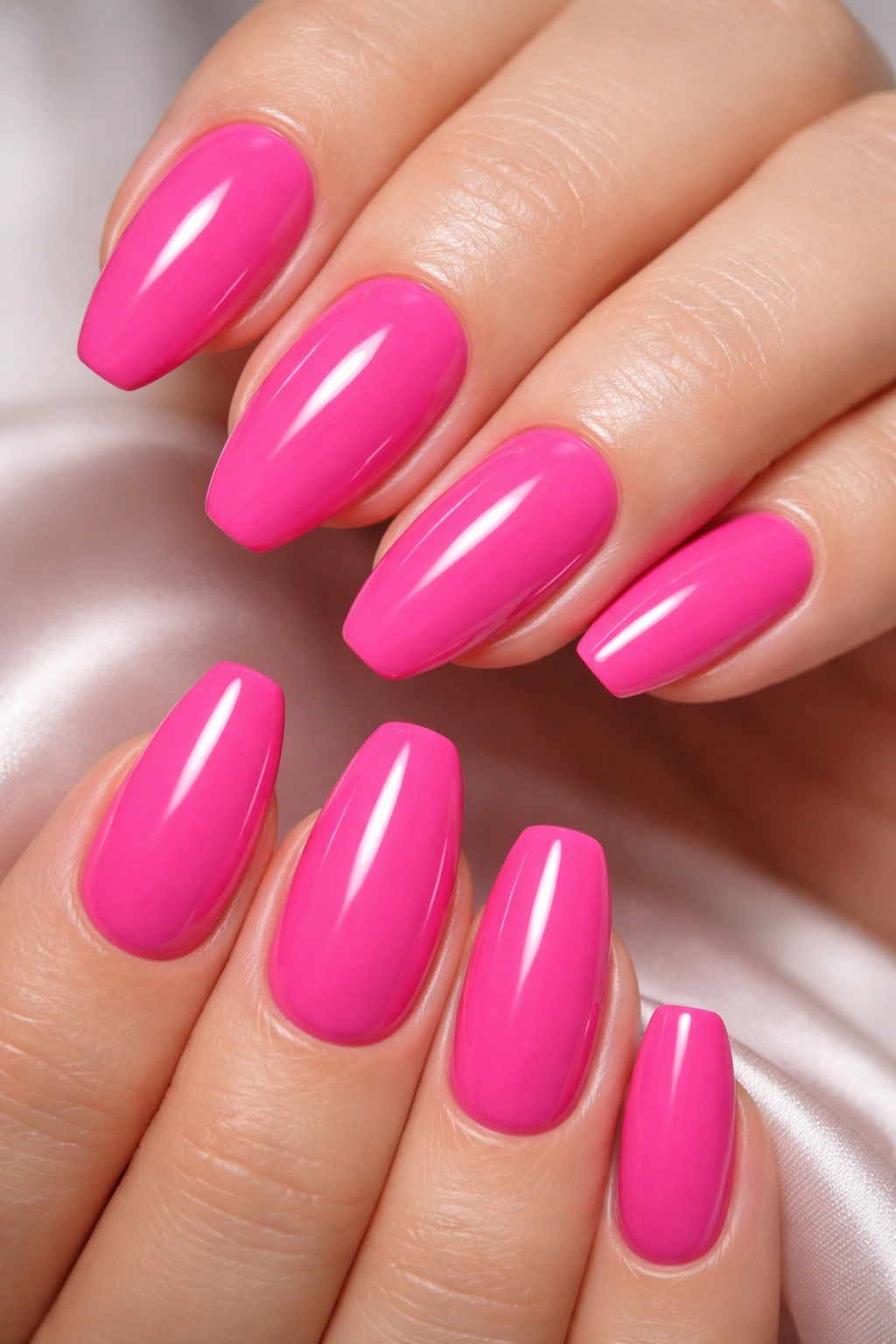 Close-up of hot pink dip powder nails on natural nails