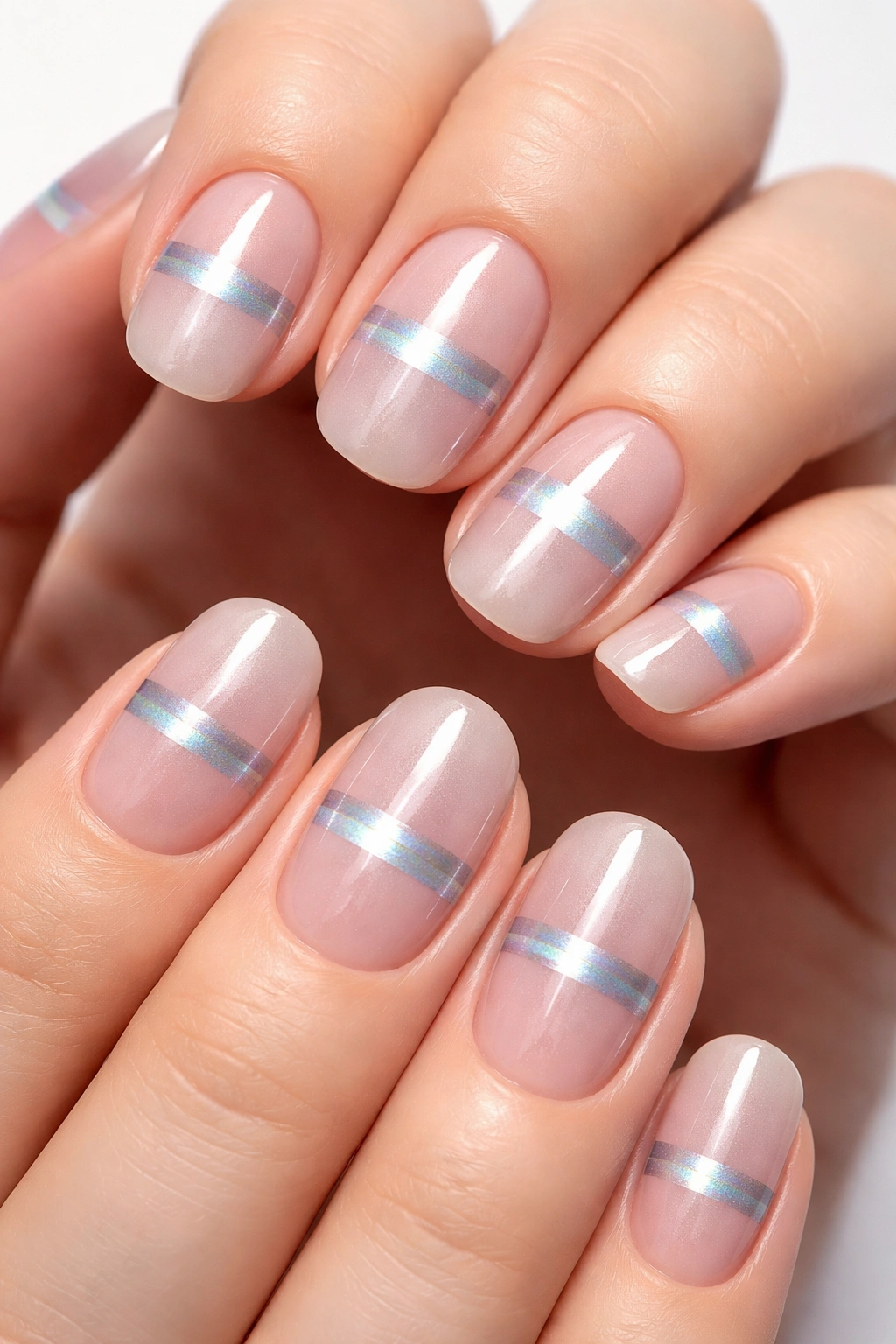 Close-up of barcode nails with a horizontal shimmering stripe across the nail