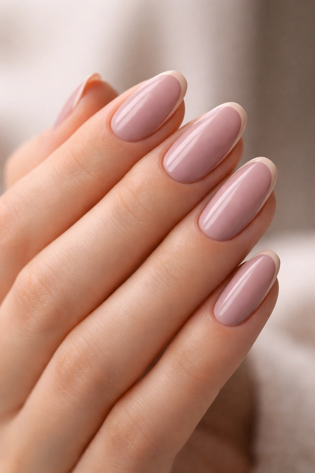 Close-up of short almond nails with a thin bare almond outline on soft mauve polish