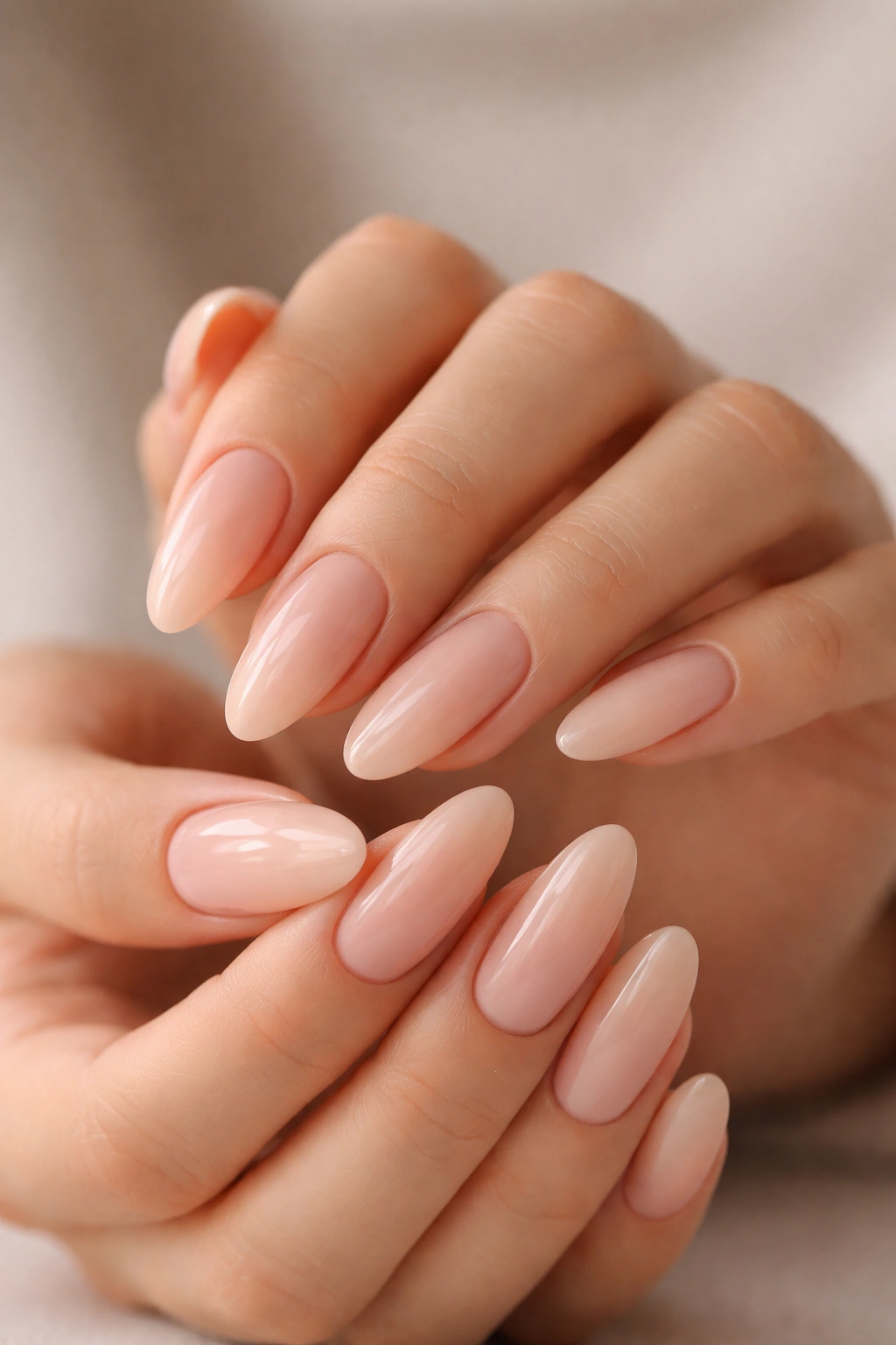 Close-up of bare almond-style oval nails in soft nude shade