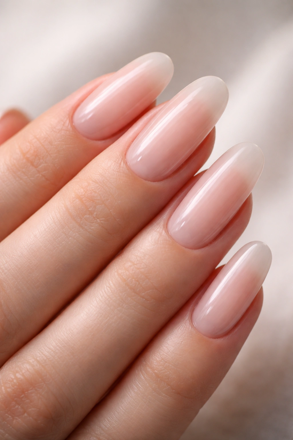 Long oval nails with a barely-there blush tint