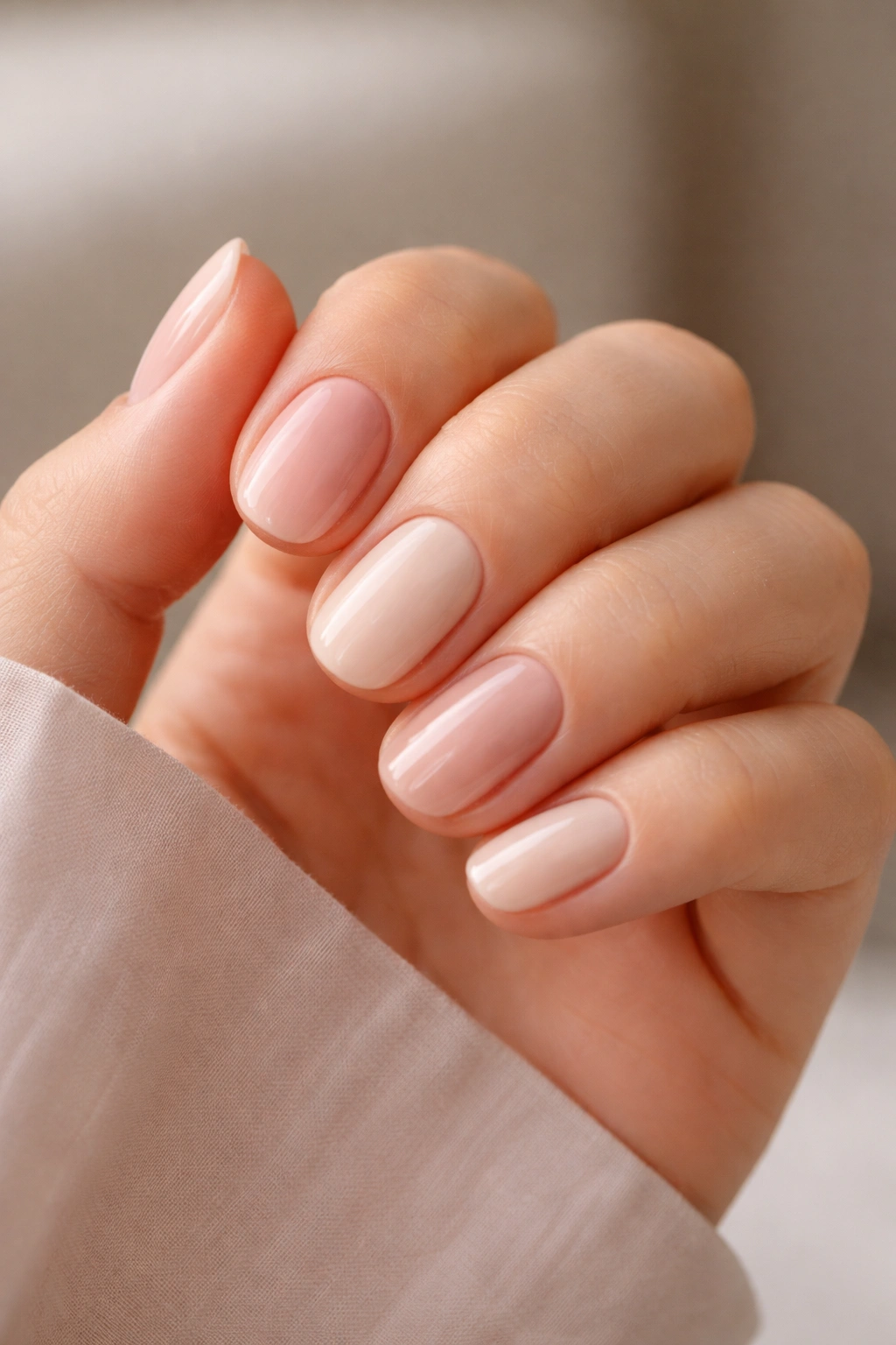 Close-up of a hand with short oval nails displaying multiple bare finishes on different nails