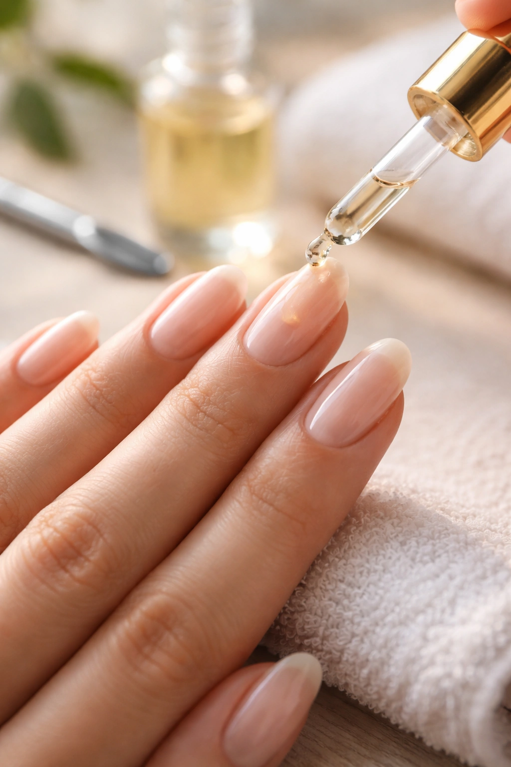 Hand applying cuticle oil to long oval bare nails