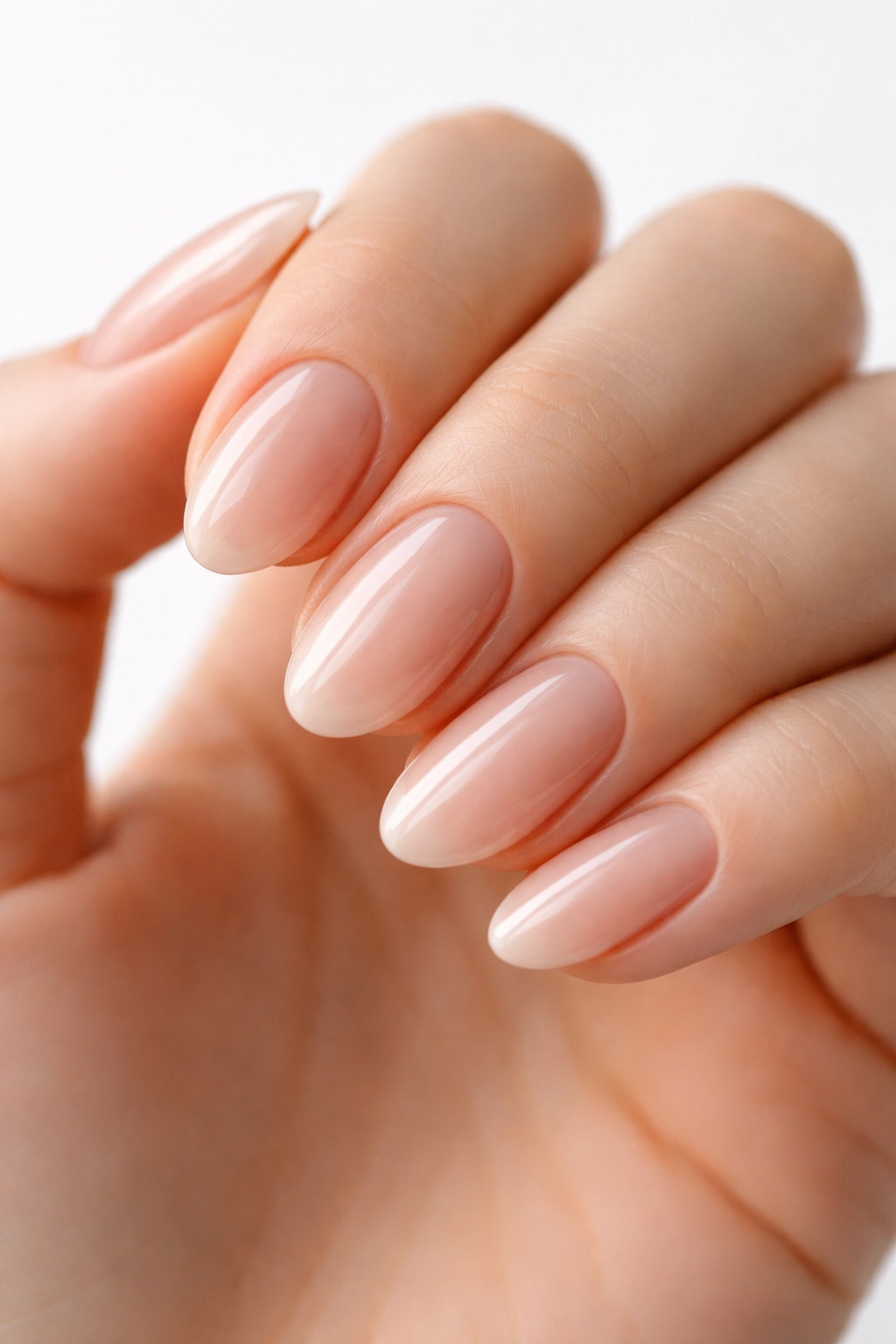 Close-up of short almond nails with a clear high-gloss top coat