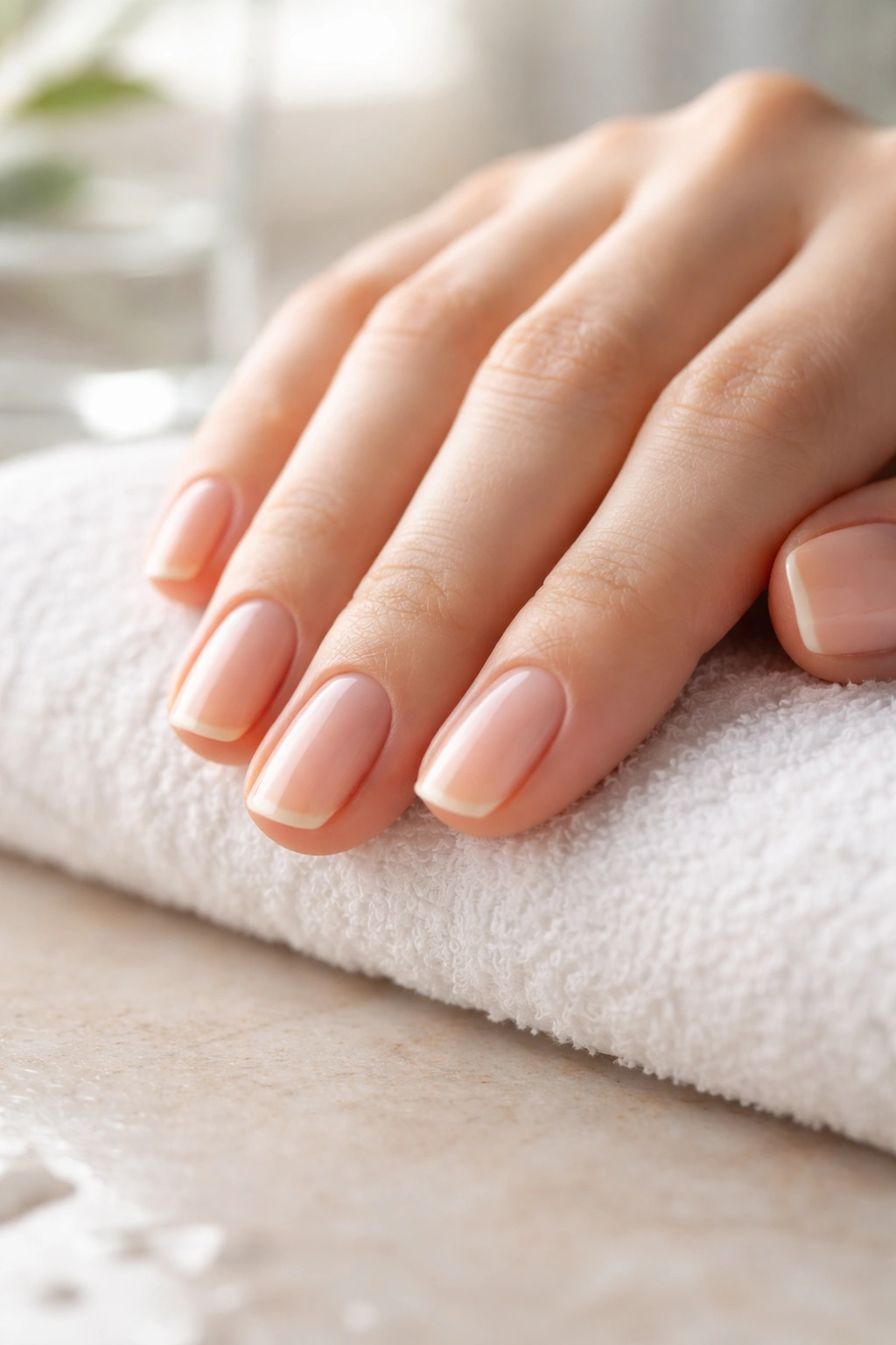 Close-up of bare natural nails on a hand to show nail health and hydration