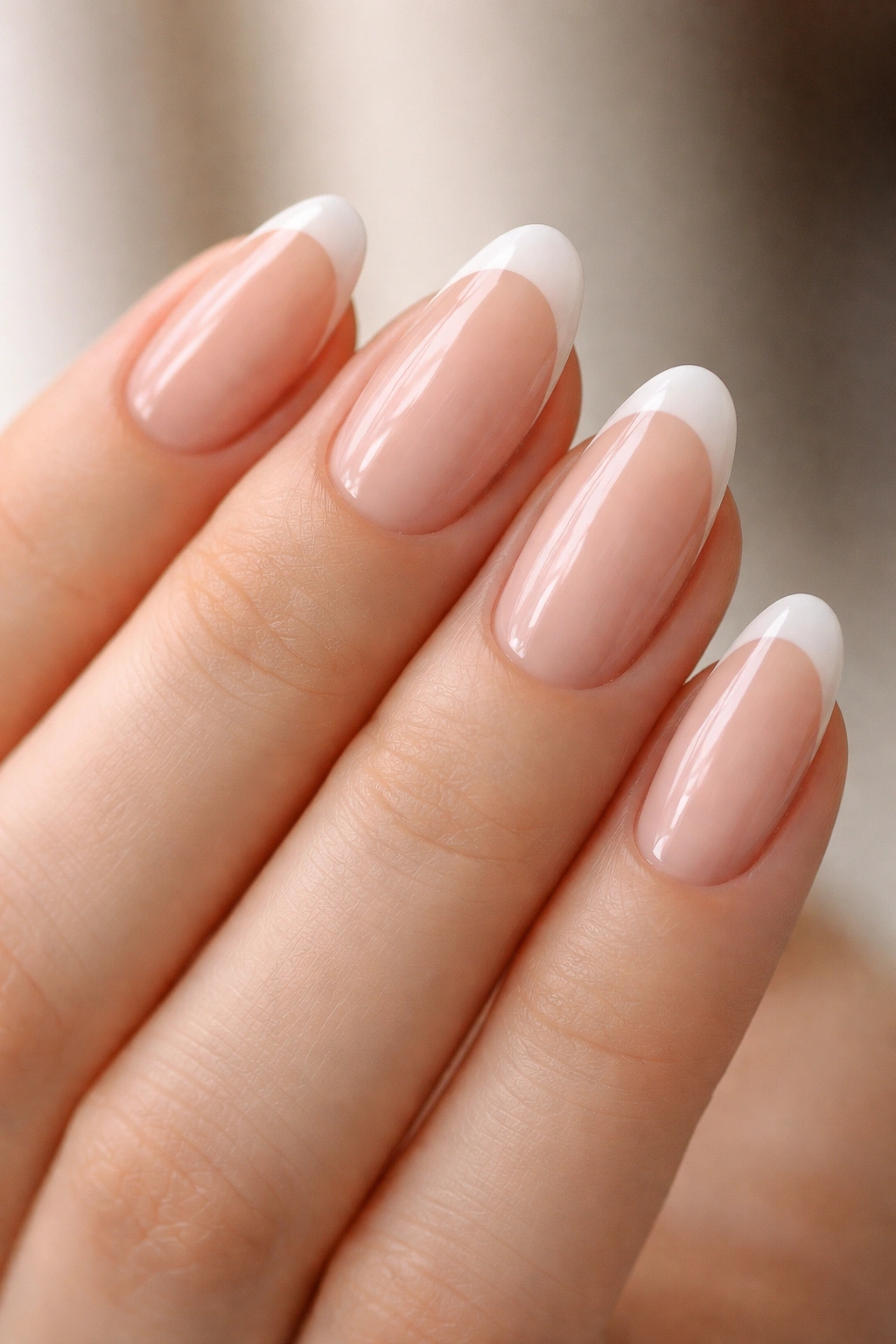 Close-up of long oval nails with soft white tip on translucent base