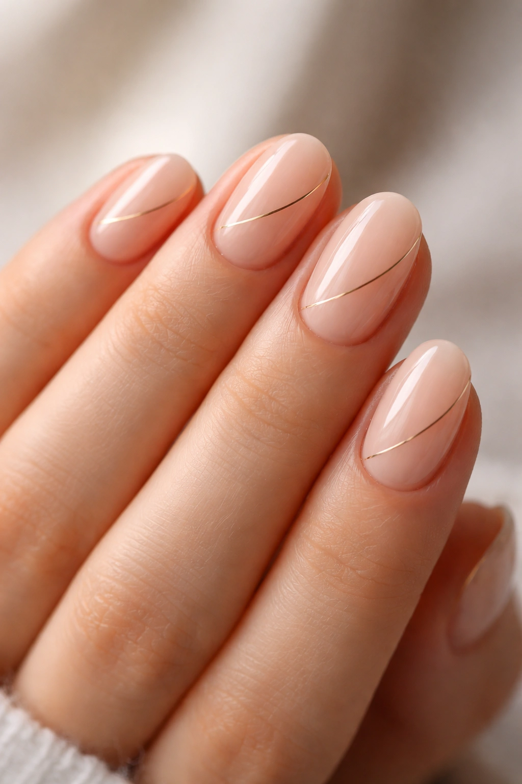 Close-up of Bare Nude nails with a single thin line on a short oval shape
